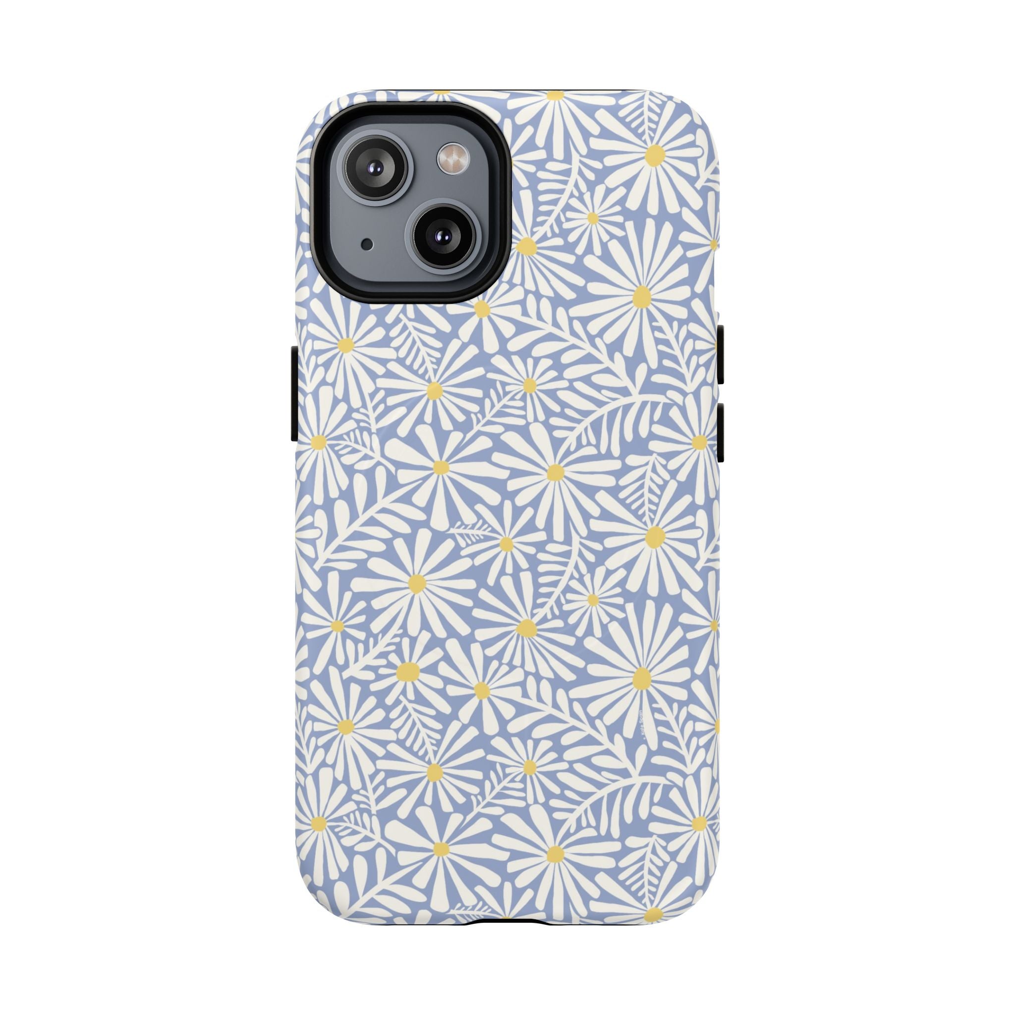 Montauk Daisy Cottage Blue MagSafe iPhone 14 Case – Matte | periwinkle blue, white graphic daisy and fern print, golden yellow centers MagSafe compatible, dual-layer protection