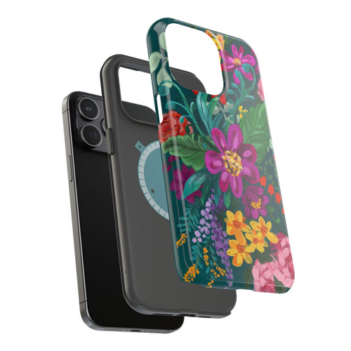 Posy MagSafe iPhone 15 Pro Case – Glossy angled view closeup of camera cutout and buttons | teal, magenta, yellow, pink vibrant botanical floral print