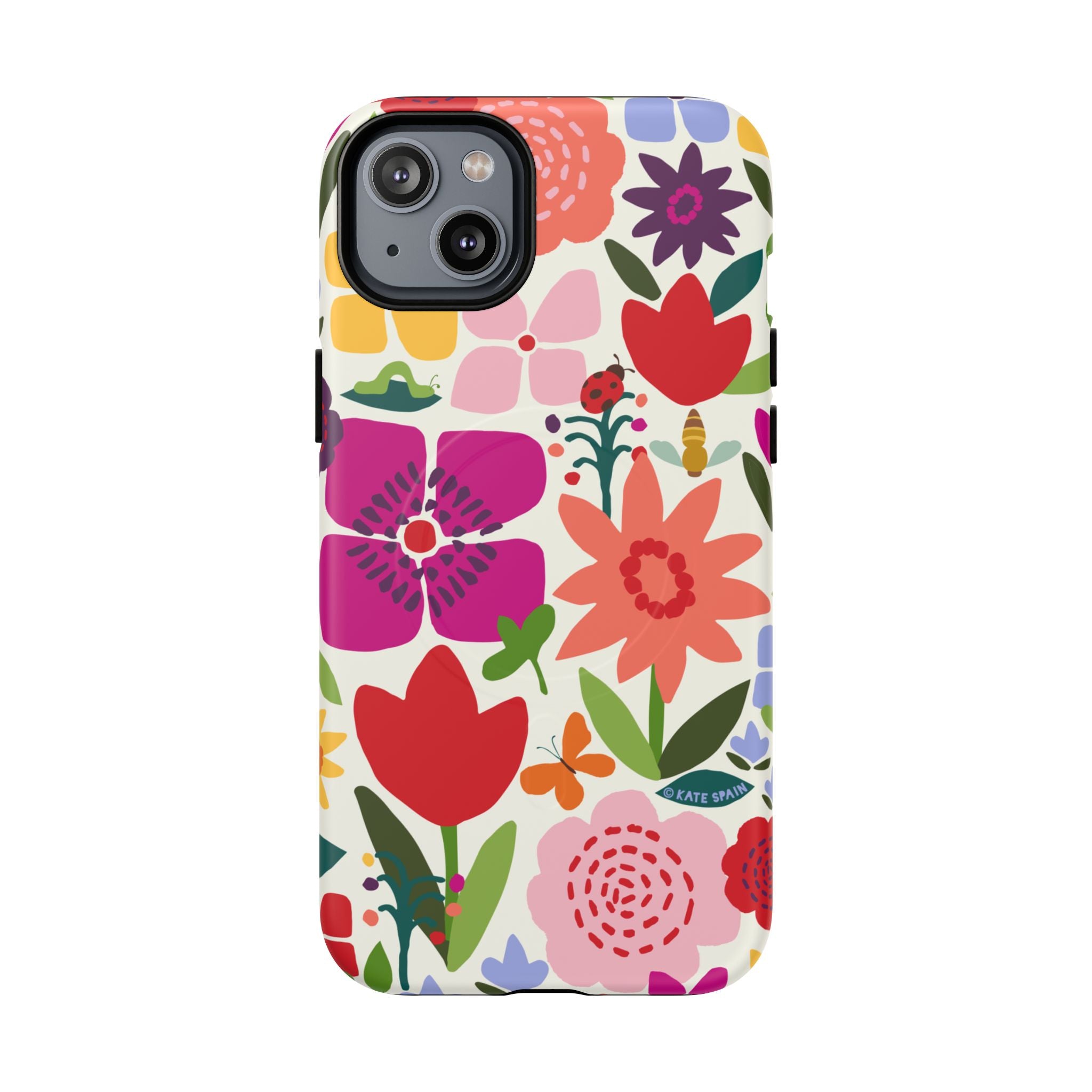 Happy Blooms MagSafe iPhone 14 Plus Case – Matte | cream, red, magenta, coral botanical floral print