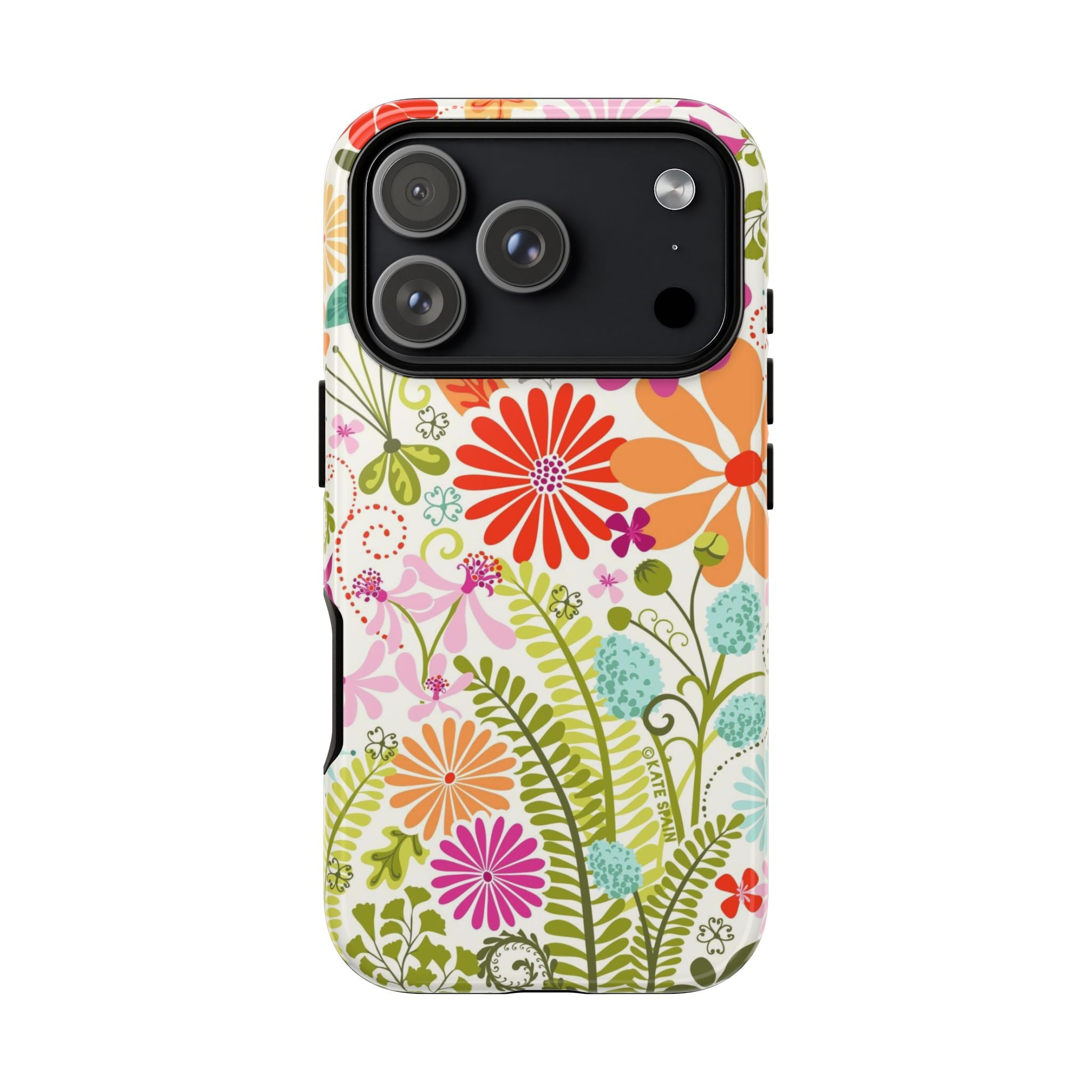 Luxury Terrain Tough iPhone 17 Pro Case – Glossy | white, magenta, coral botanical woodland floral print
