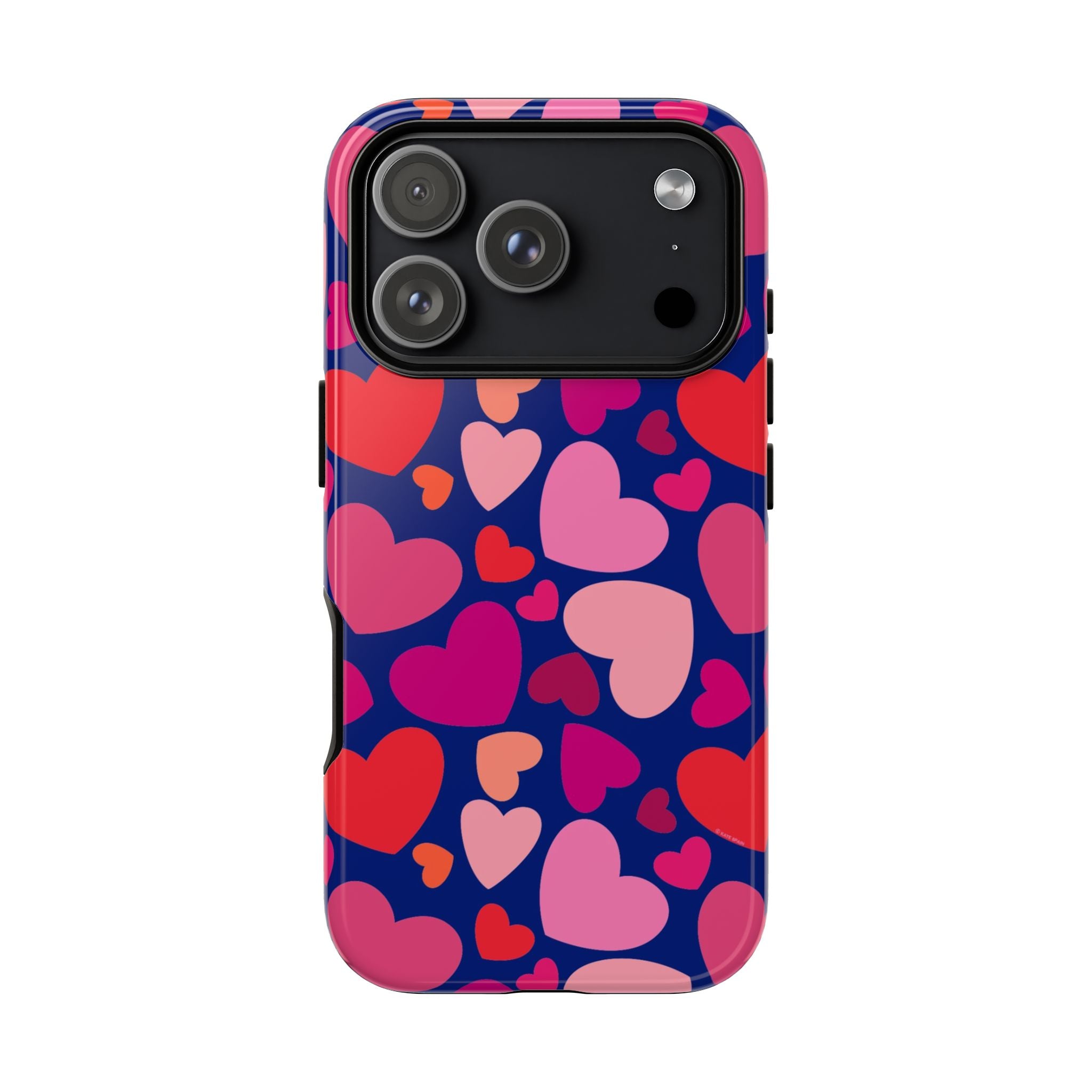 Hearts Tough iPhone 17 Pro Case – Glossy | navy, pink, red, coral scattered heart print