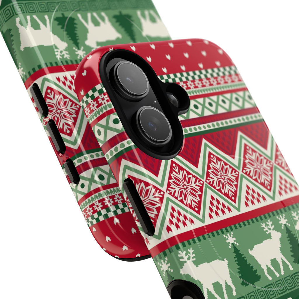 Telemark MagSafe iPhone 17 Case – Glossy | angled view closeup of camera cutout and buttons | red, green, and cream fair isle Christmas sweater print with snowflakes, reindeer, and trees