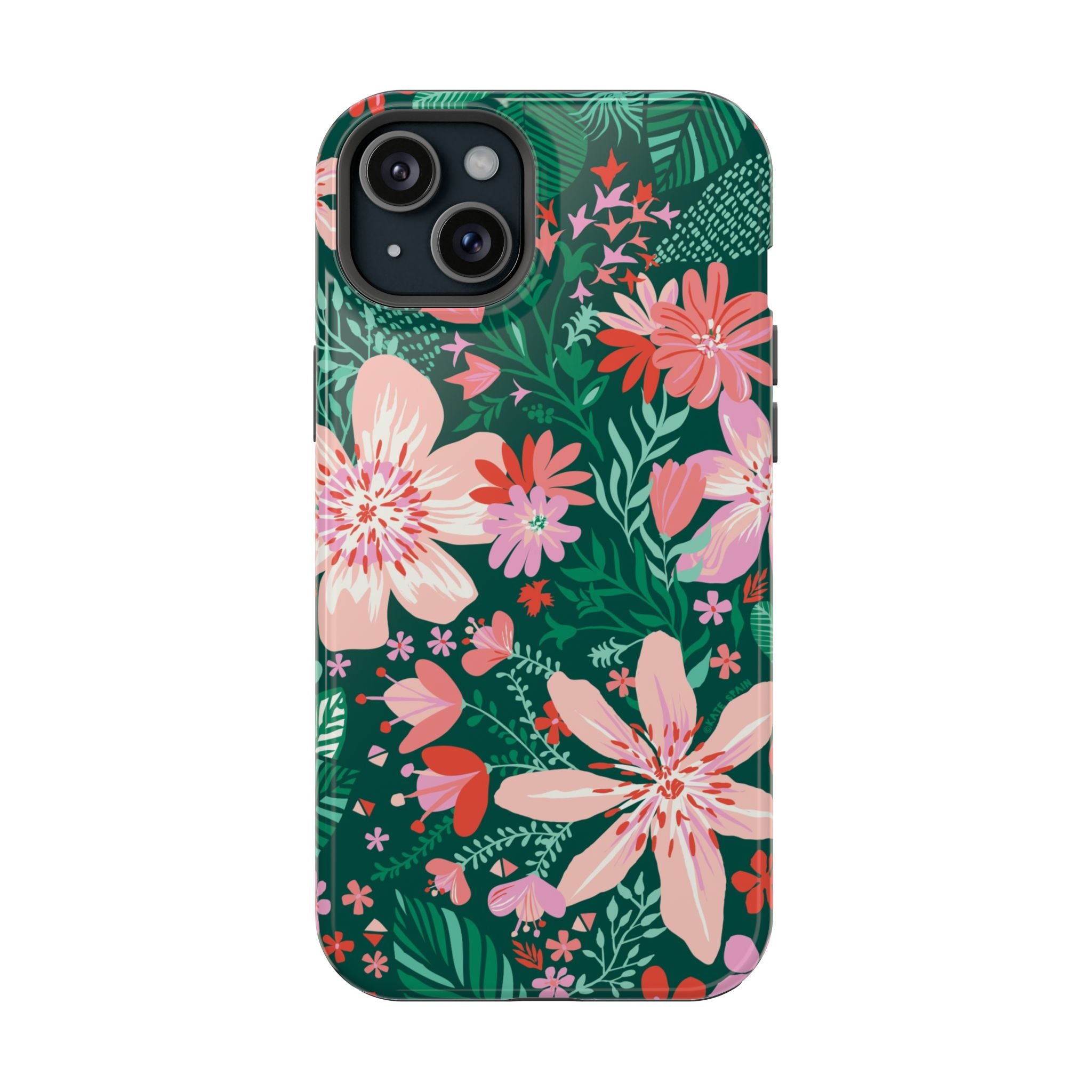 Bonaire MagSafe iPhone 15 Plus Case – Glossy | forest green, blush, coral tropical floral print