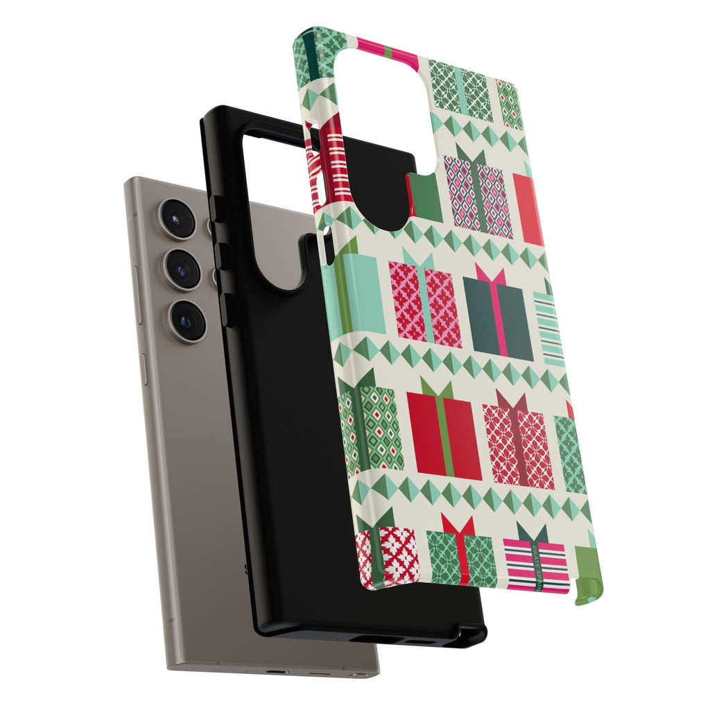 All Wrapped Up Samsung S25 Ultra Case – dual-layer construction of case | cream, red, pink, green, mint geometric gift wrap holiday print