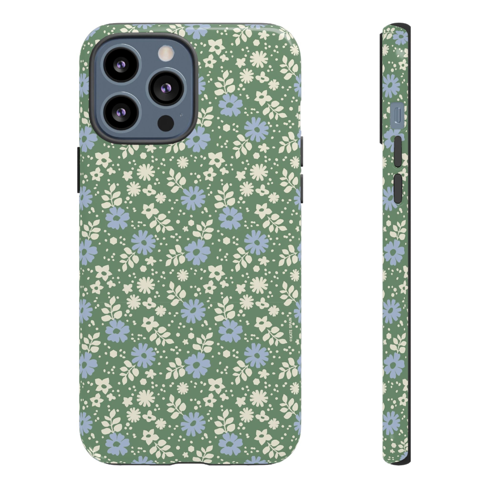 Petaline Tough iPhone 13 Pro Max Case – Glossy | green, blue, cream ditsy floral print