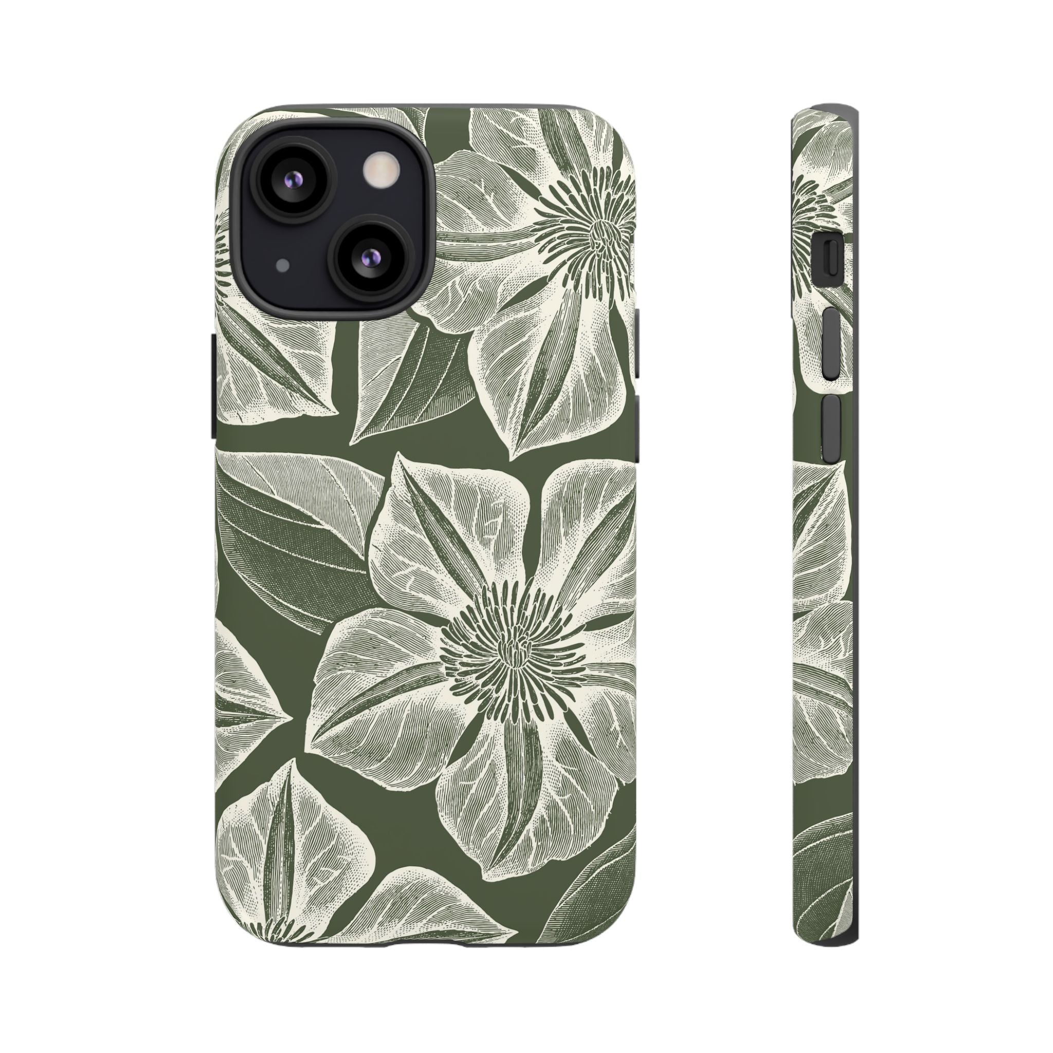 Vintage Bloom Cypress iPhone 13 Mini case – Matte | cypress green ground, large-scale white clematis print, engraved petal detail, dual-layer protection