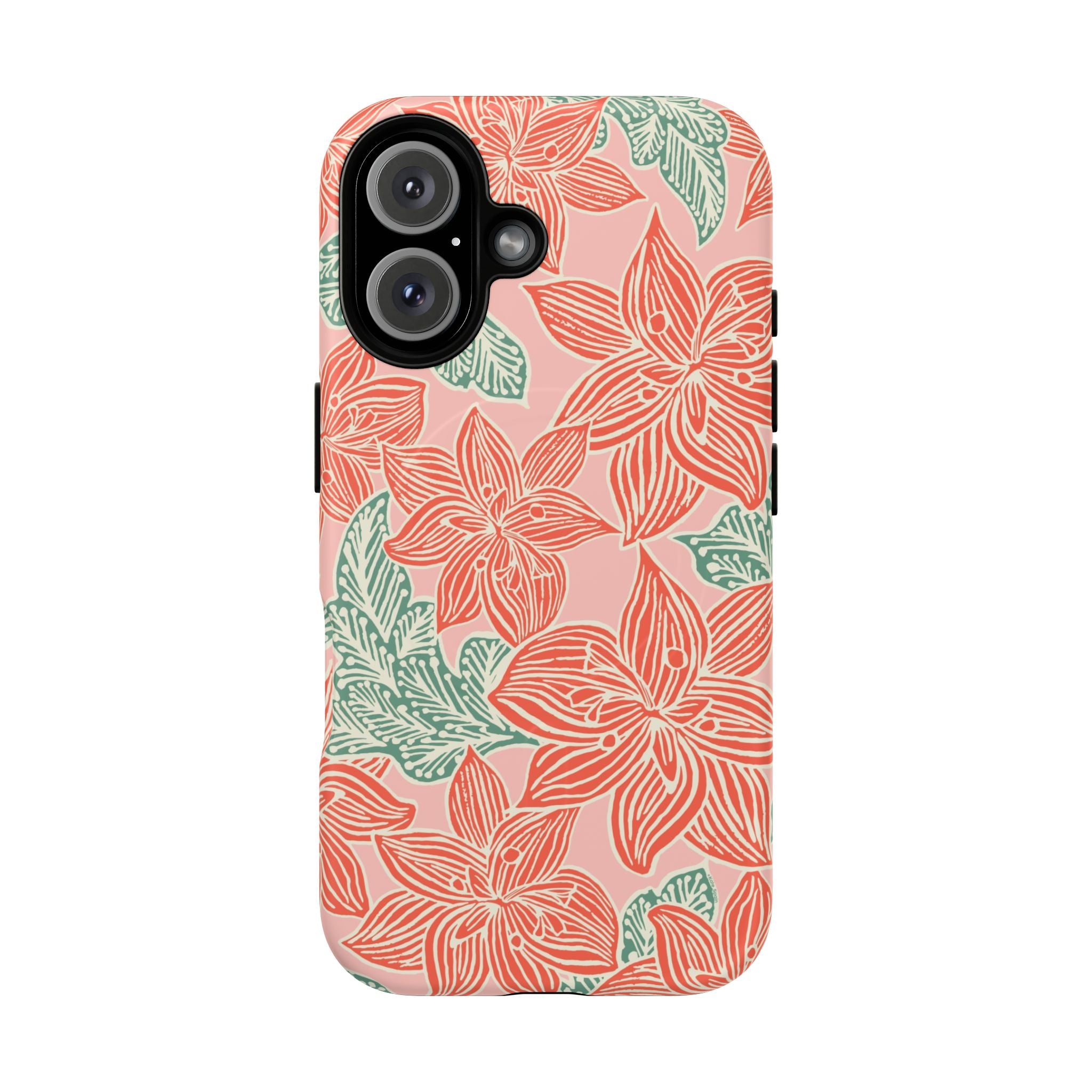 Hibiscus Coral MagSafe iPhone 16 Matte Case — blush pink hard case with large-scale coral red hibiscus flowers and teal-green leaves in a bold botanical linework print, densely layered across the surface