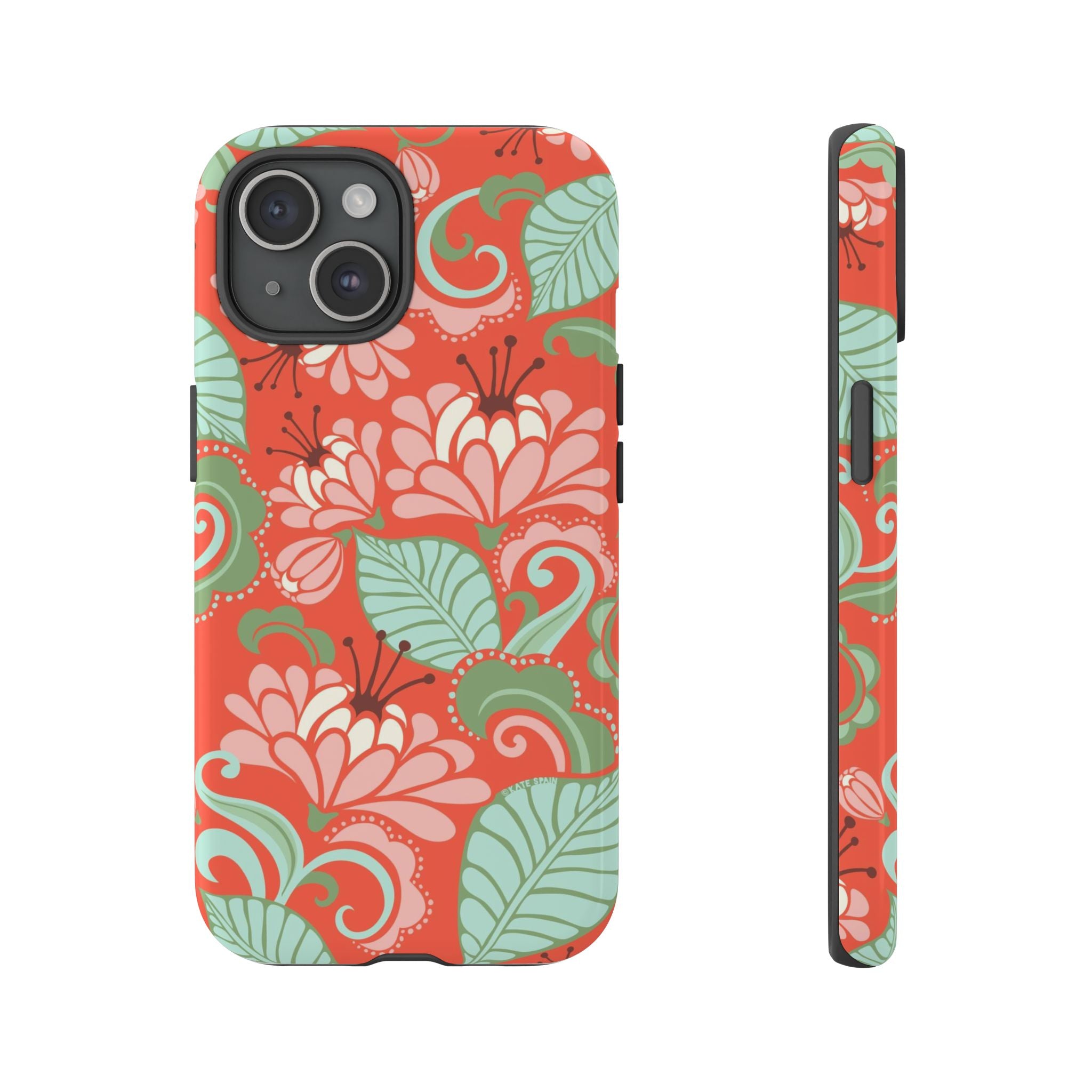 Sarabande Tough iPhone 15 Case – Glossy | coral, pink, cream, green botanical floral print