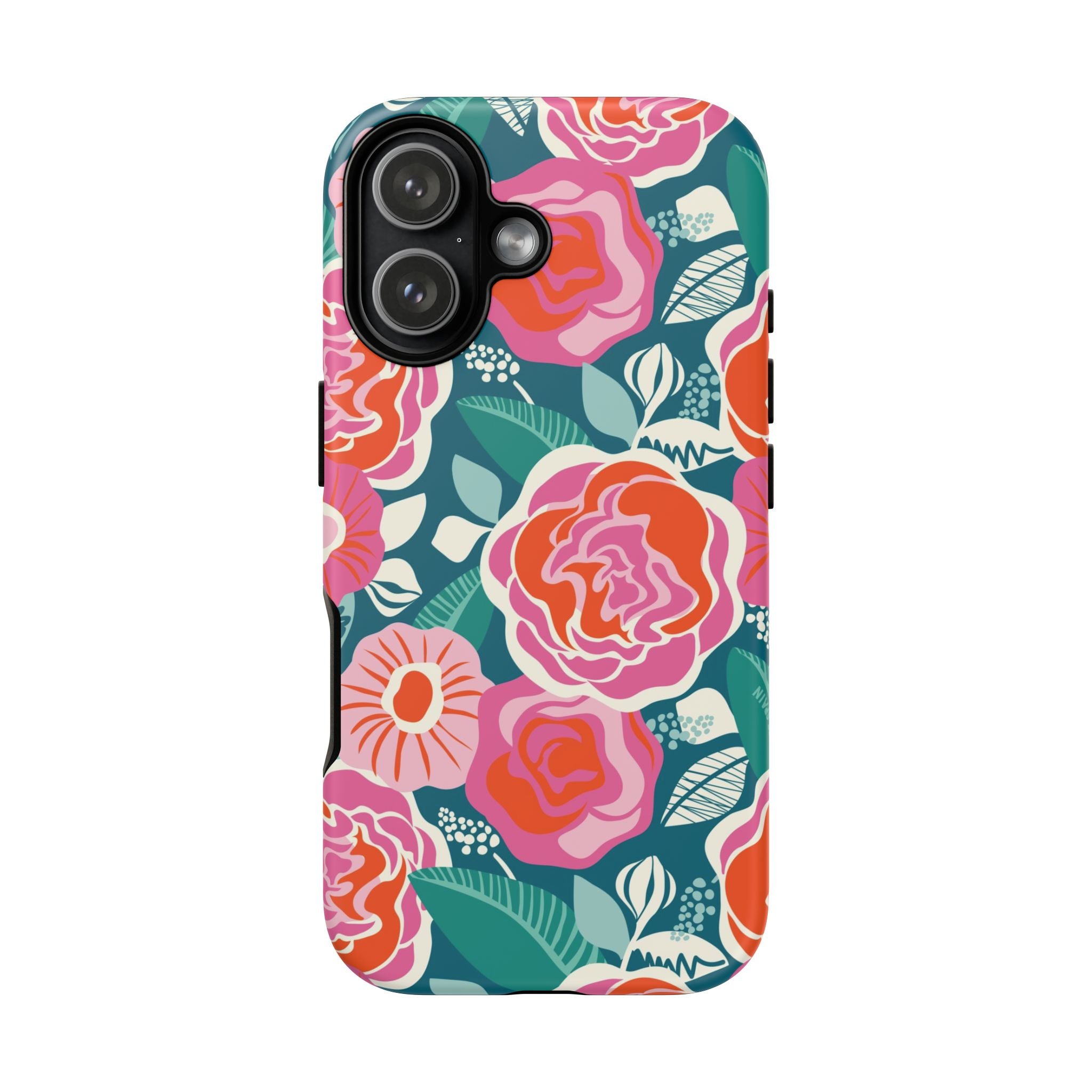 Tea Rose Teal Tough iPhone 17 Case – Matte | teal, coral, pink botanical rose floral print