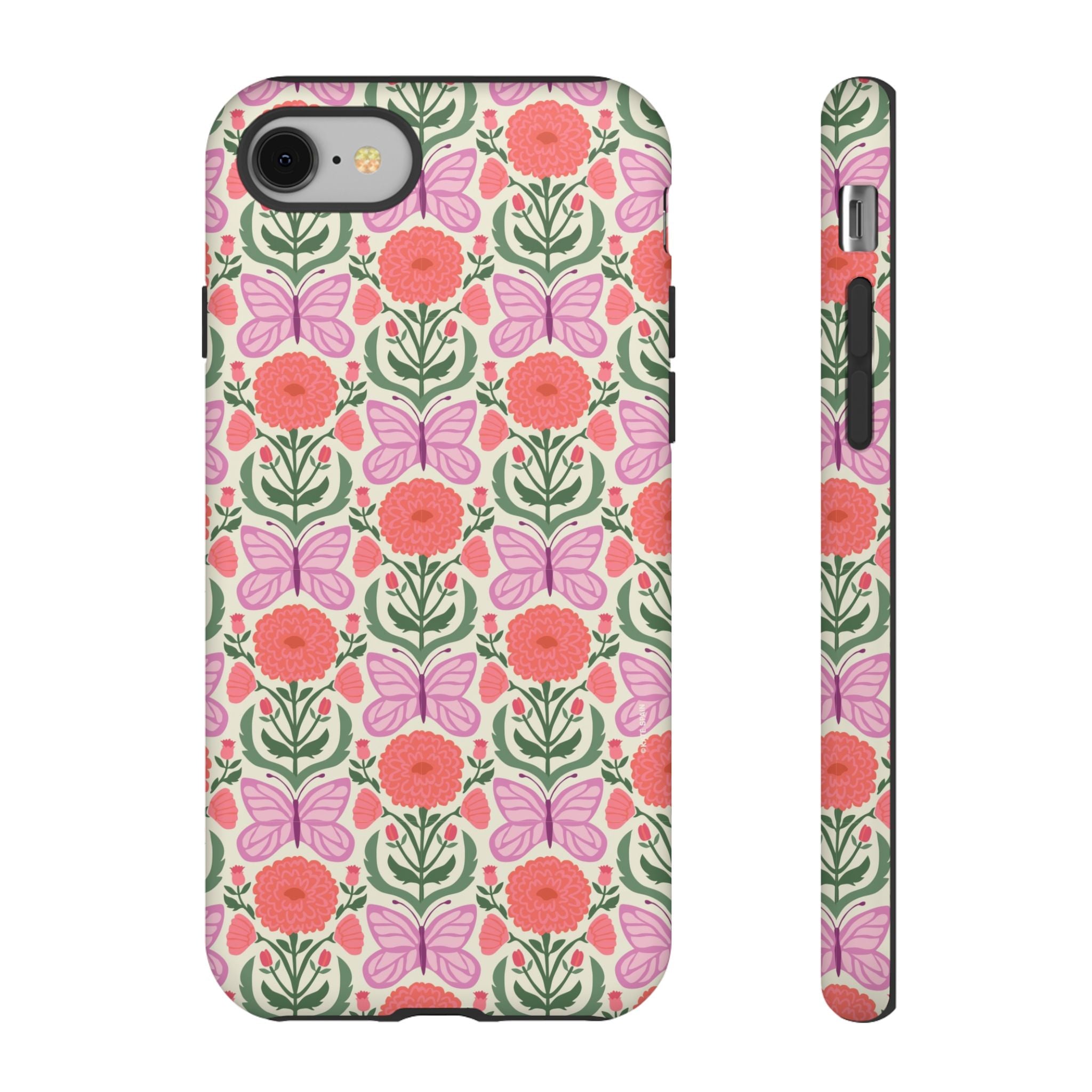 Pink Butterfly Tough iPhone 8 Case – Matte | pink, coral, green, cream butterfly floral print