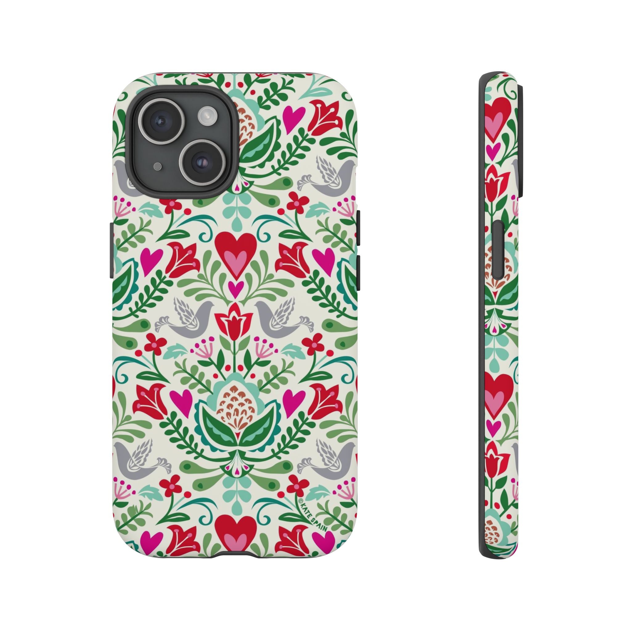 Rosemaling Tough iPhone 15 Case – Matte | cream, red, pink, green, gray folk art floral bird print