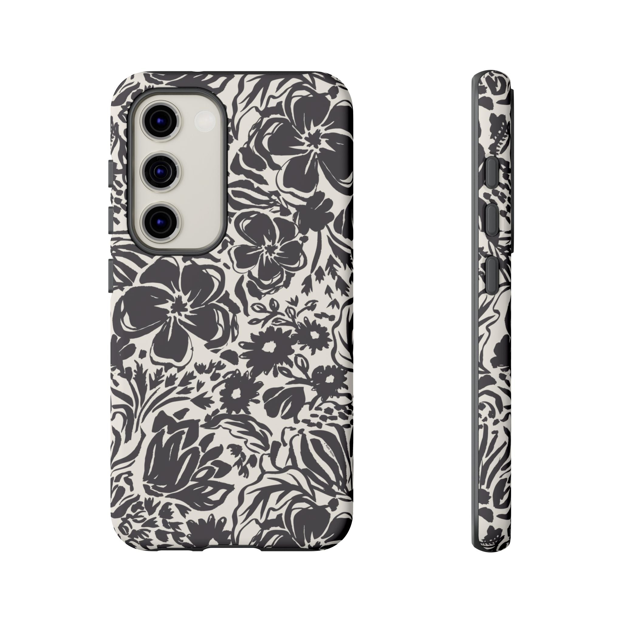 Rhapsody Black Samsung Galaxy S23 Matte case — bold charcoal floral print on cream by Kate Spain