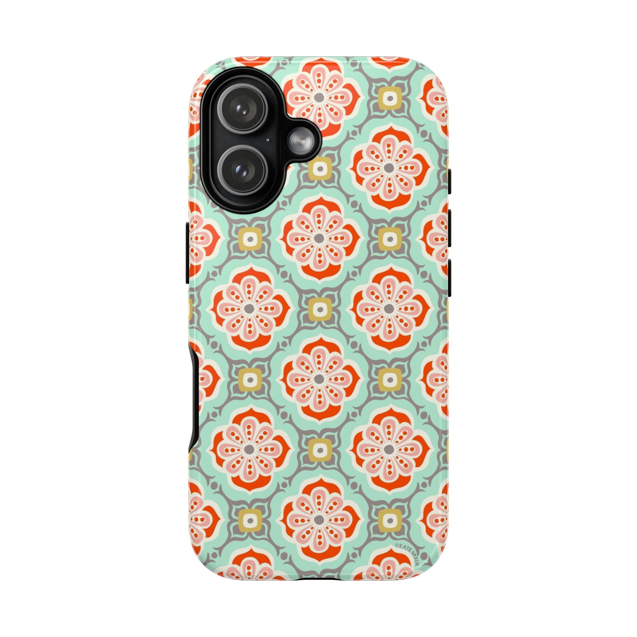 Alhambra Tough iPhone 17 Case – Glossy | aqua, coral, blush geometric medallion floral print