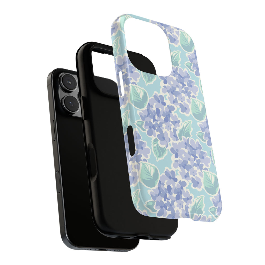 Nantucket Hydrangea Tough iPhone 16 Pro Max Case – exploded side view showing dual-layer construction