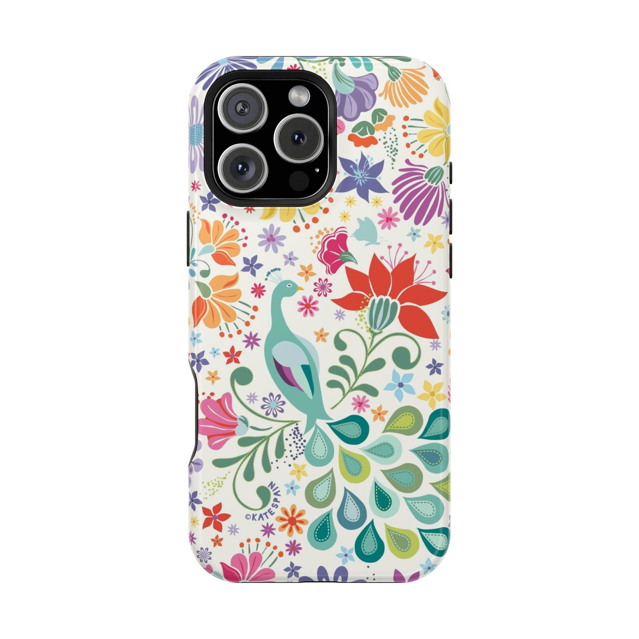 Peacock Sanctuary MagSafe iPhone 16 Pro Case – Matte | ivory, teal, navy peacock botanical print MagSafe compatible, dual-layer protection