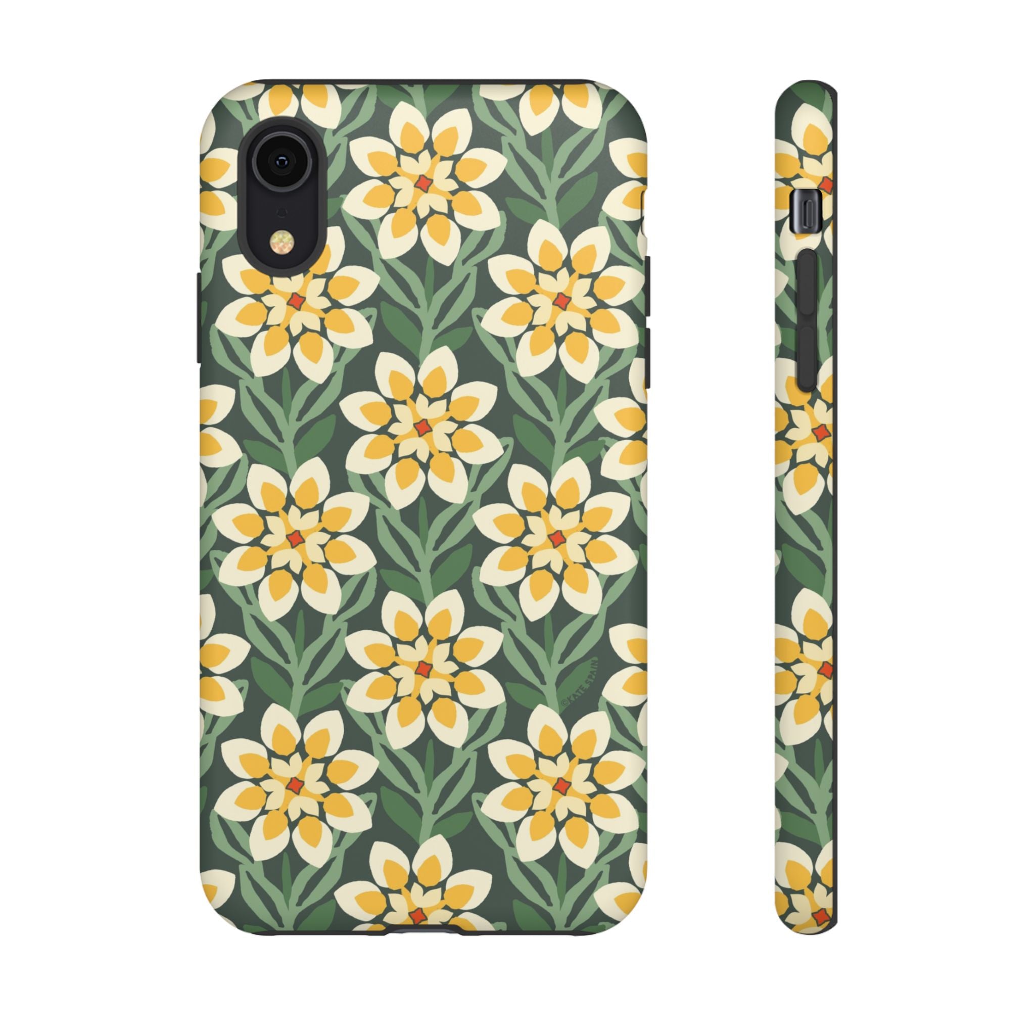 Designer Modern Dahlia Tough iPhone XR Case – Matte | yellow, cream, green dahlia floral print