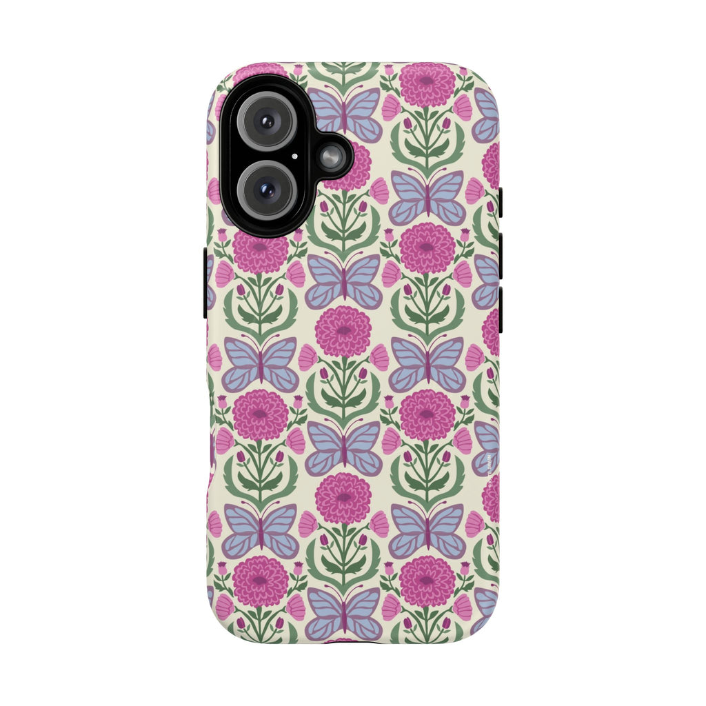Butterfly MagSafe iPhone 16 Case – Matte | cream, magenta, periwinkle butterfly floral print