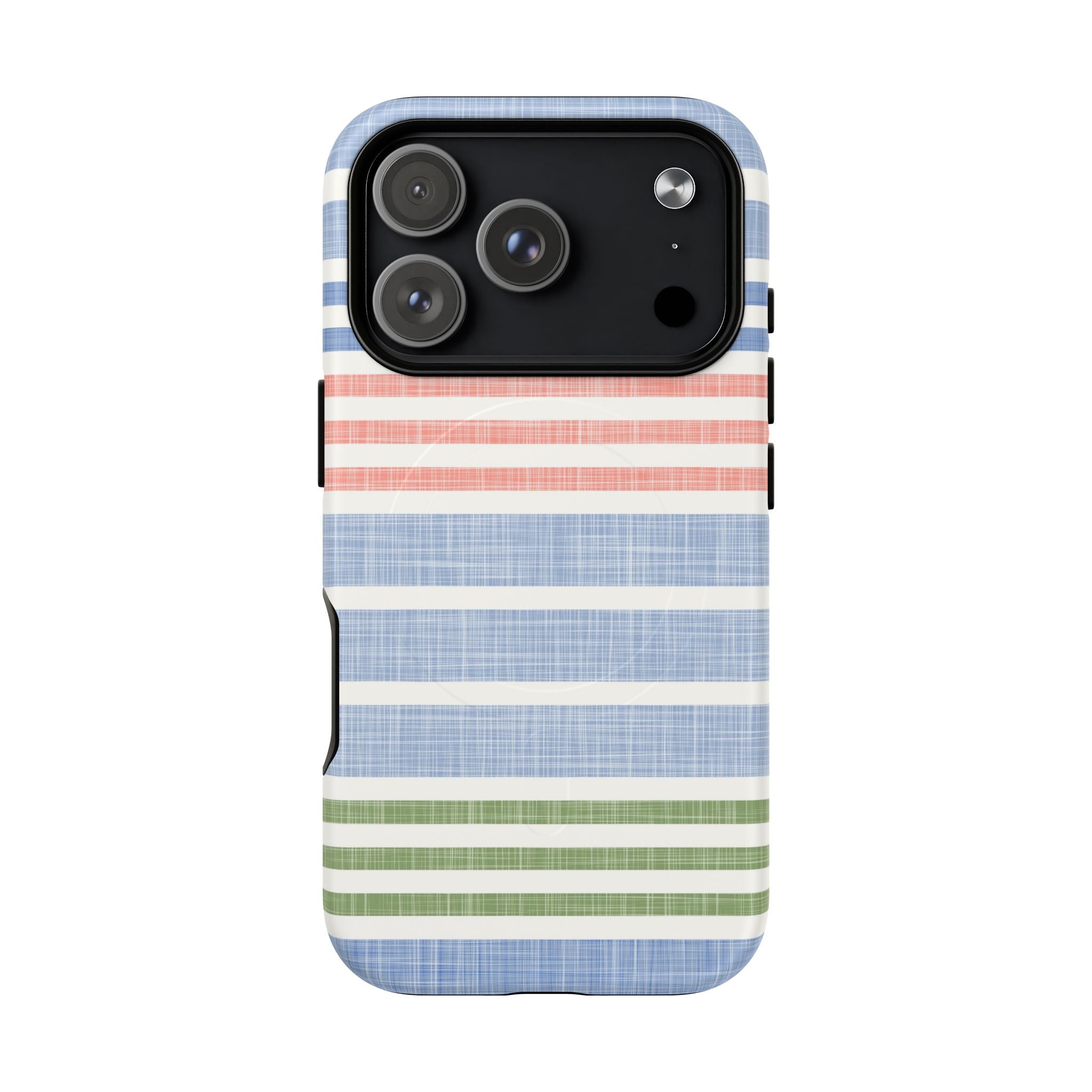 Cabana Stripe Pastel MagSafe iPhone 17 Pro Case – Matte | soft blue, coral, sage green chambray-textured stripe print MagSafe compatible, dual-layer protection