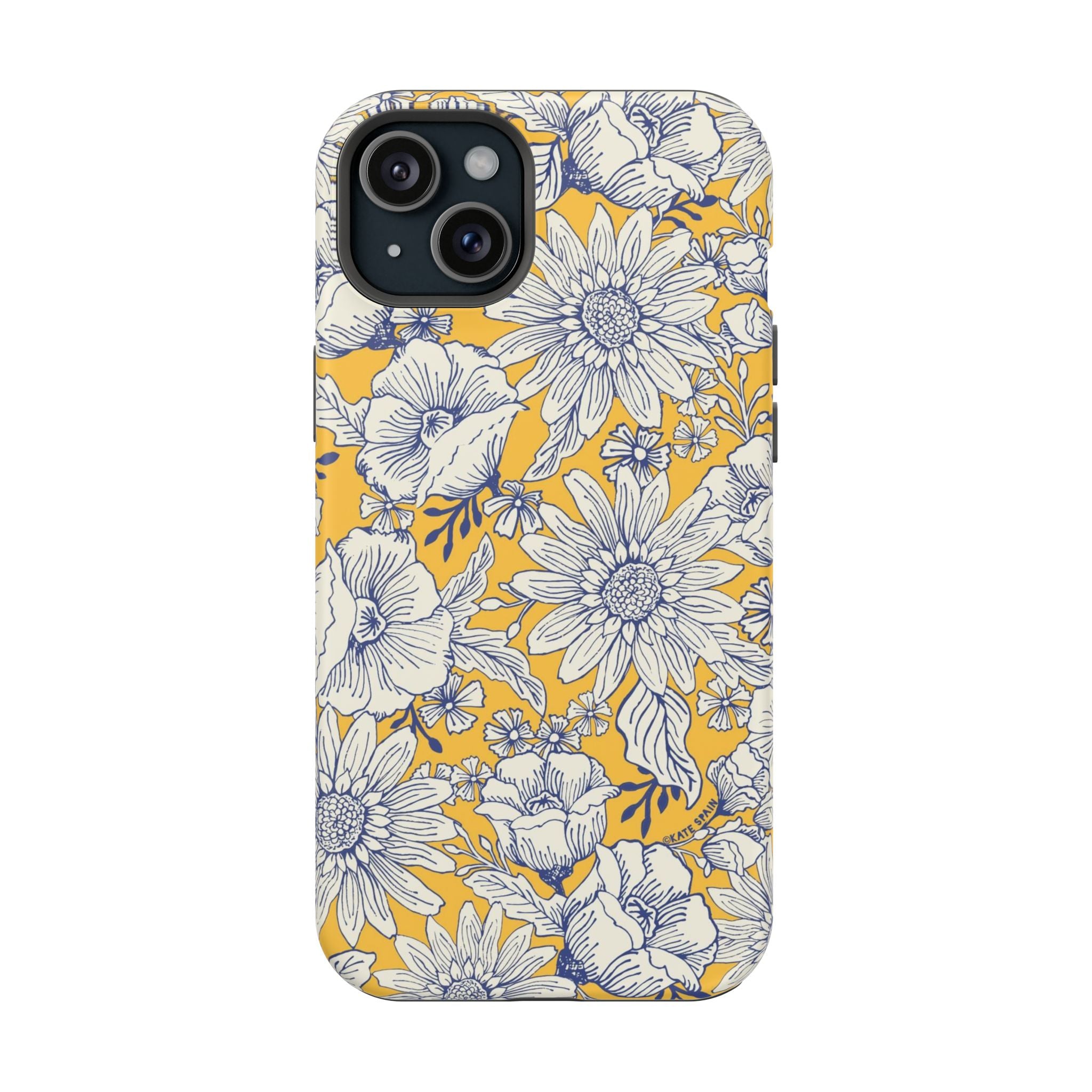 Jardin Luxury MagSafe iPhone 15 Plus Case – Matte | yellow, cream, blue botanical floral print