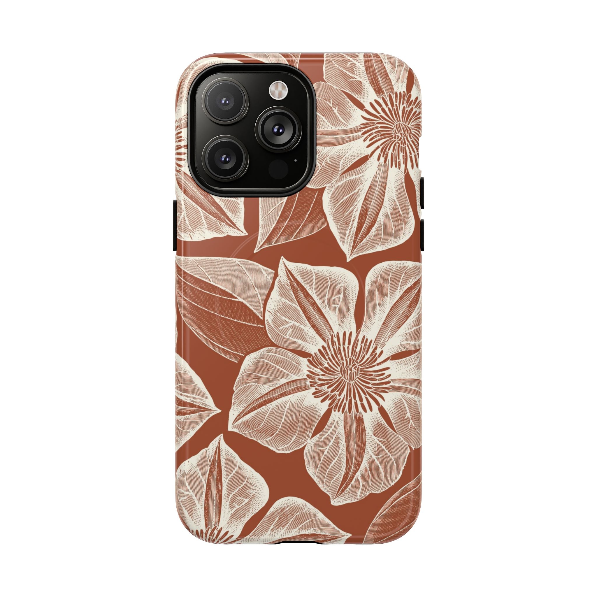 Vintage Bloom Sienna MagSafe iPhone 14 Pro Max – Glossy | sienna ground, large-scale cream clematis print, engraved petal detail, dual-layer protection