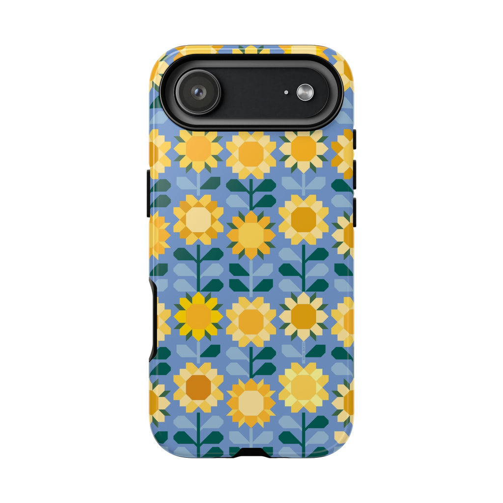 Sunflowers Tough iPhone 17 Air Case – Glossy | blue, yellow, gold geometric sunflower print