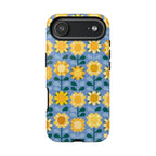 Sunflowers Tough iPhone 17 Air Case – Glossy | blue, yellow, gold geometric sunflower print
