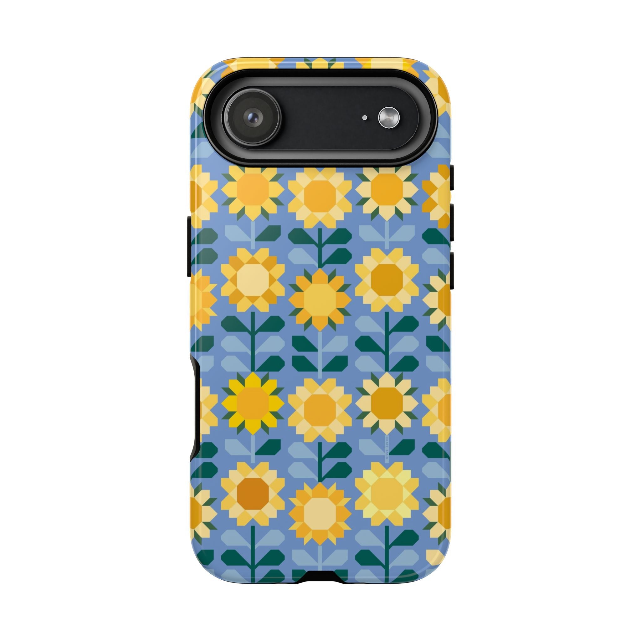 Sunflowers Tough iPhone 17 Air Case – Glossy | blue, yellow, gold geometric sunflower print