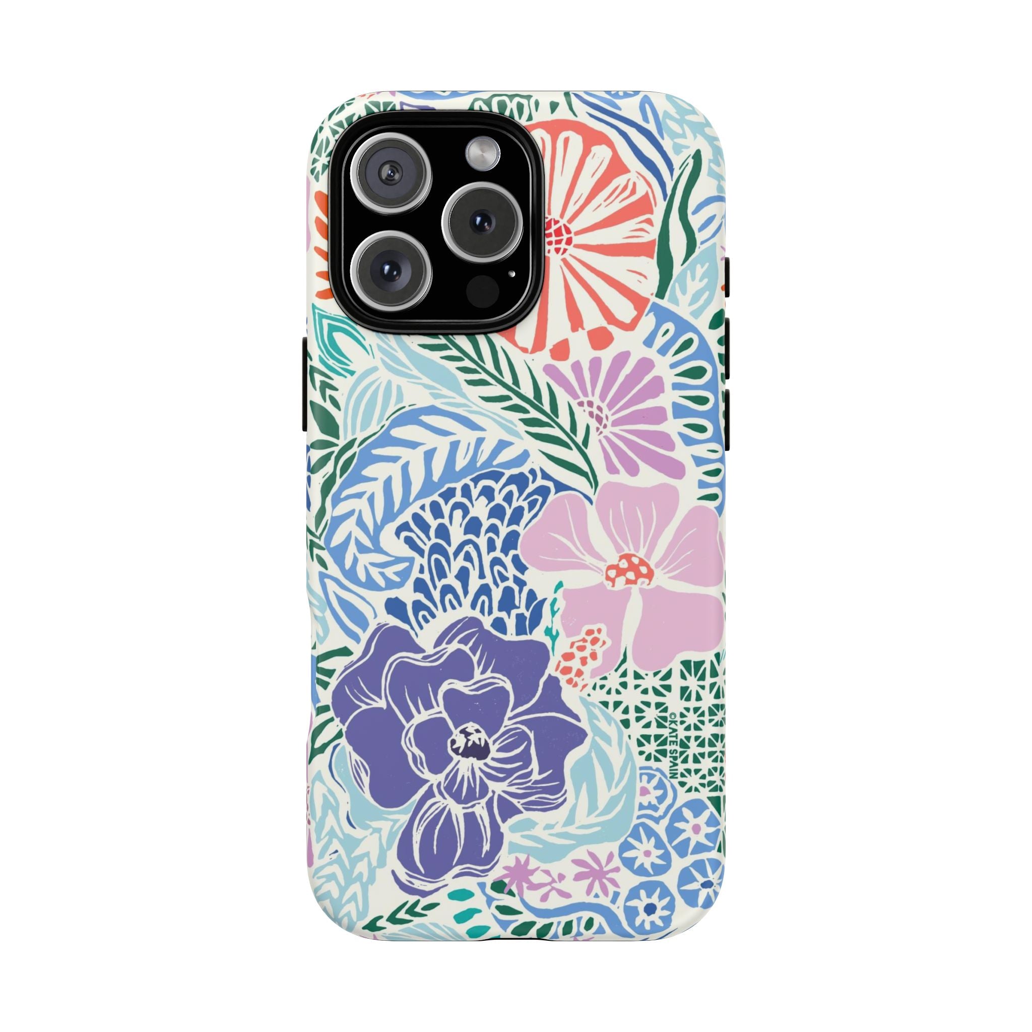 Tropica Tough iPhone 16 Pro Max Case – Matte | purple, coral, pink, blue botanical tropical floral print