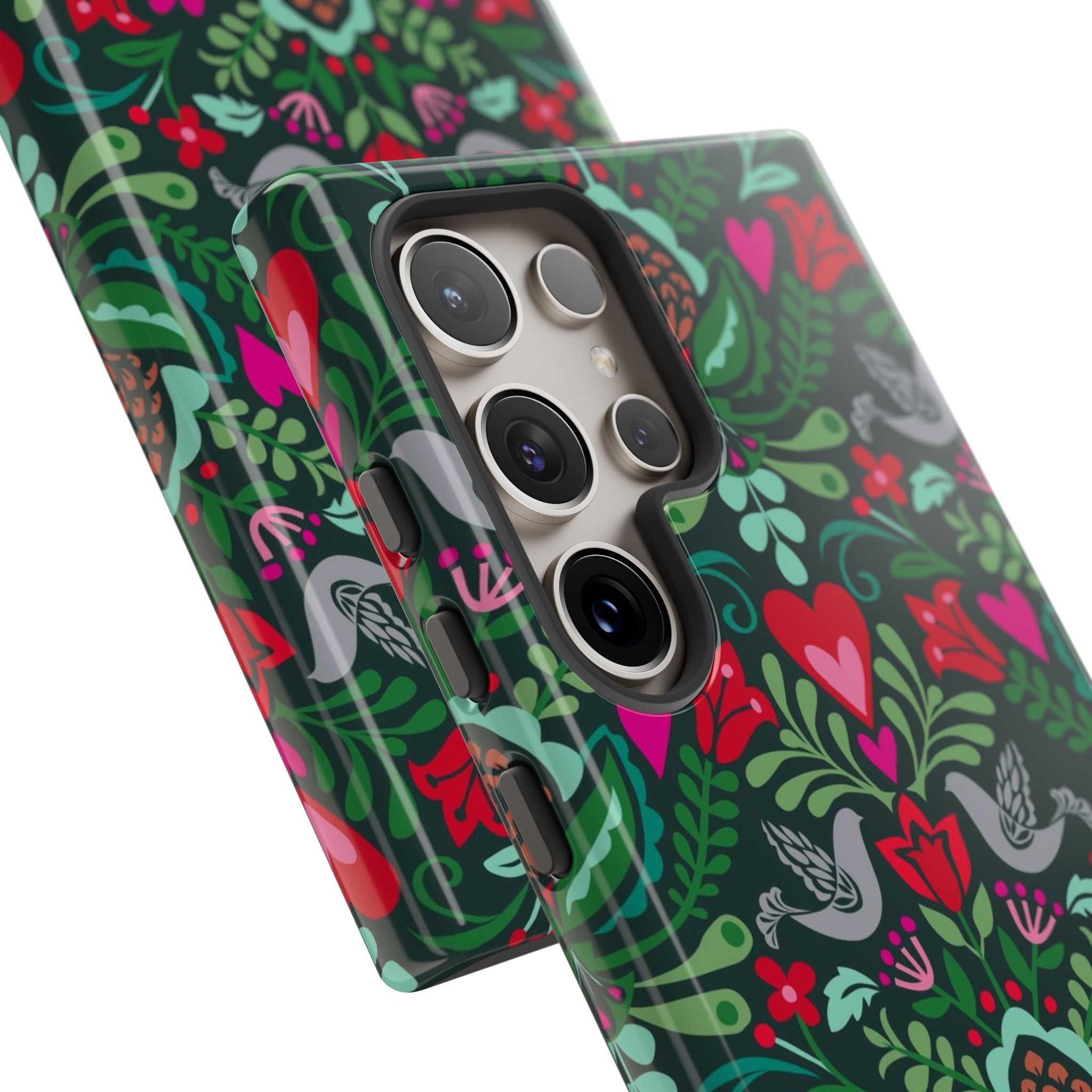 Rosemaling Samsung Galaxy S24 Ultra Case – angled view of the 5 lenses in the camera in the protective case | forest green, red, pink rosemaling floral print