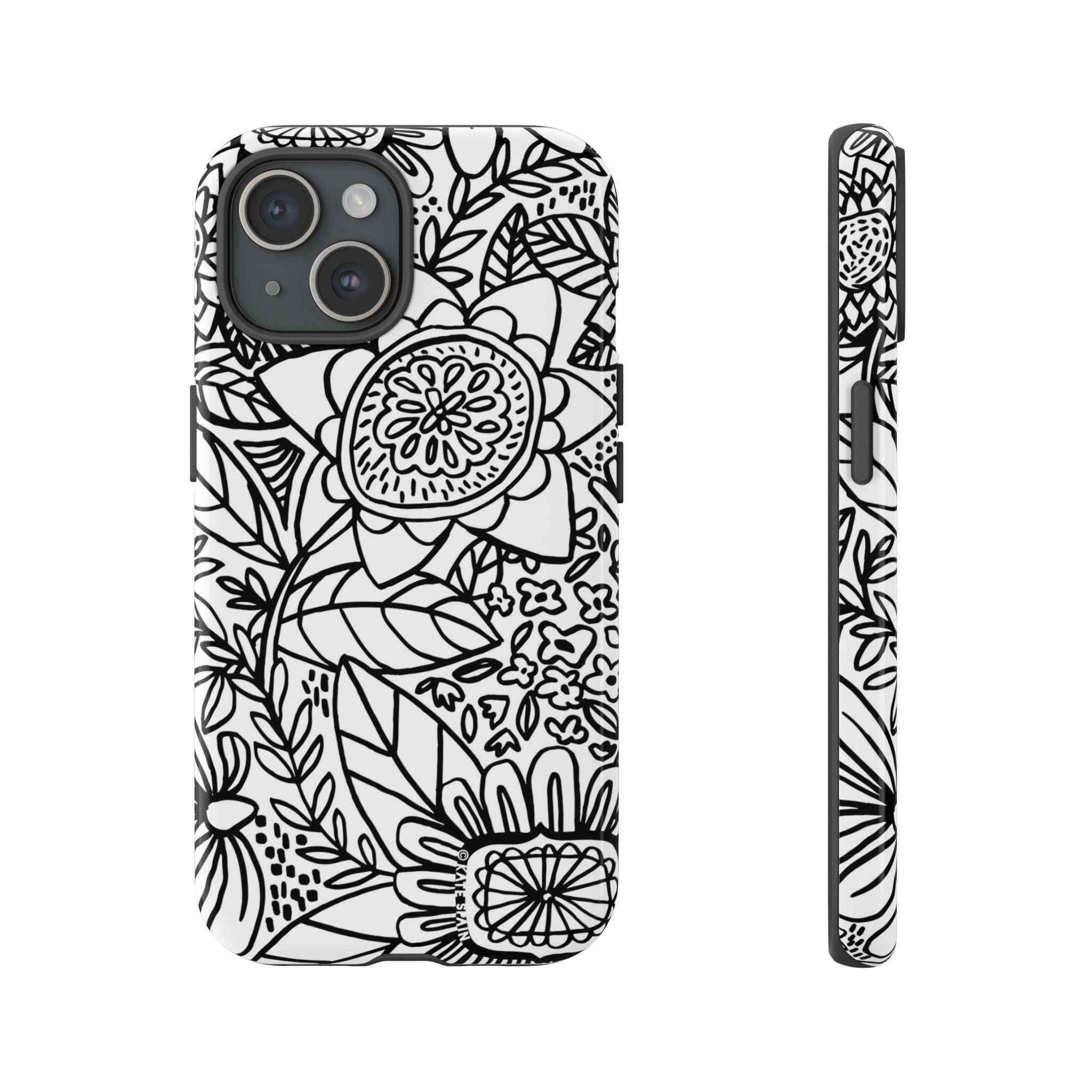 Esprit Tough iPhone 15 Case – Glossy | white, black botanical line art floral print