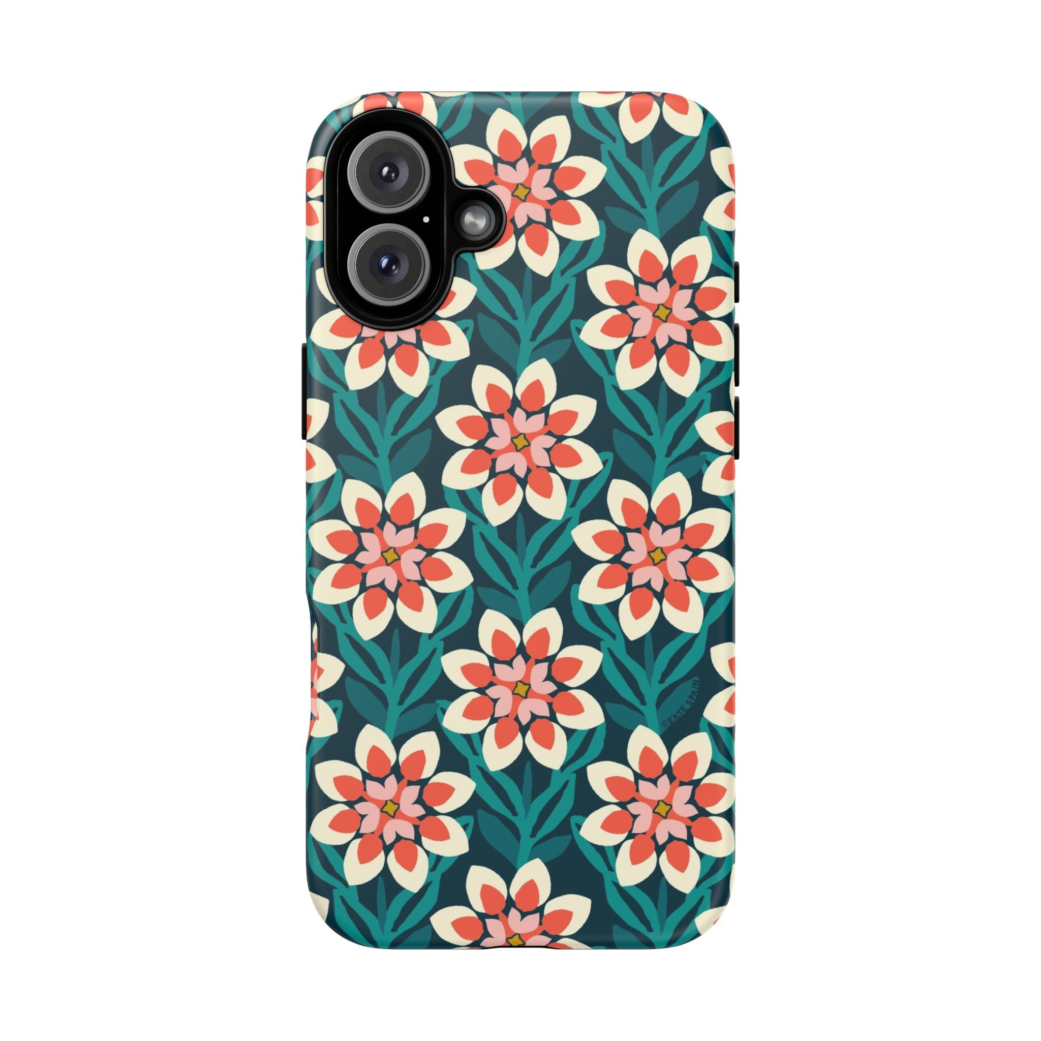 Modern Dahlia Tough iPhone 16 Plus Case – Matte | teal, coral, cream geometric dahlia floral print