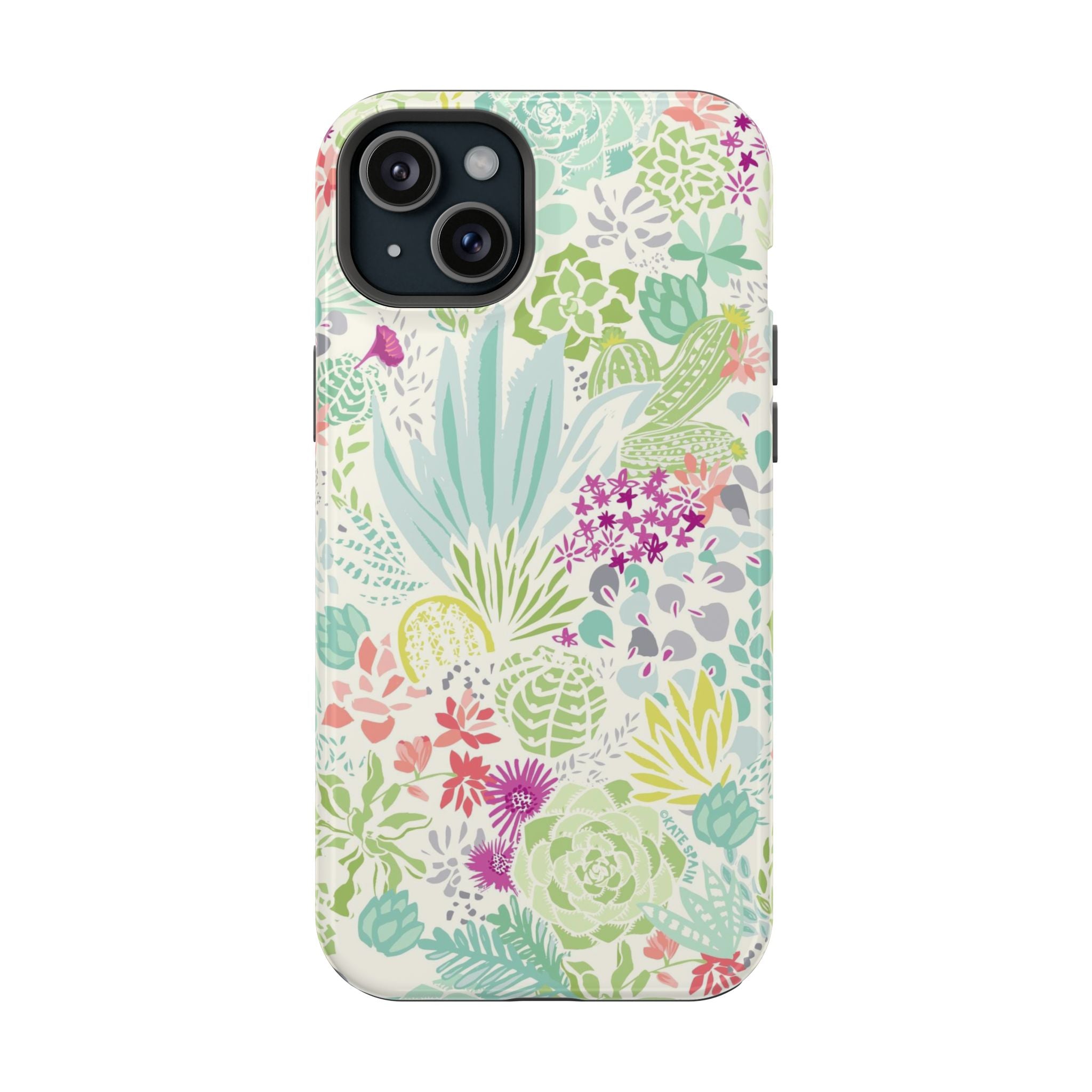 Canyon MagSafe iPhone 15 Plus Case – Glossy | aqua, coral, purple, sage green succulent and cactus print