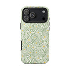 Montauk Daisy Meadow Green iPhone 17 Pro Case – Glossy | sage green, white graphic daisy and fern print, golden yellow centers | dual-layer protection