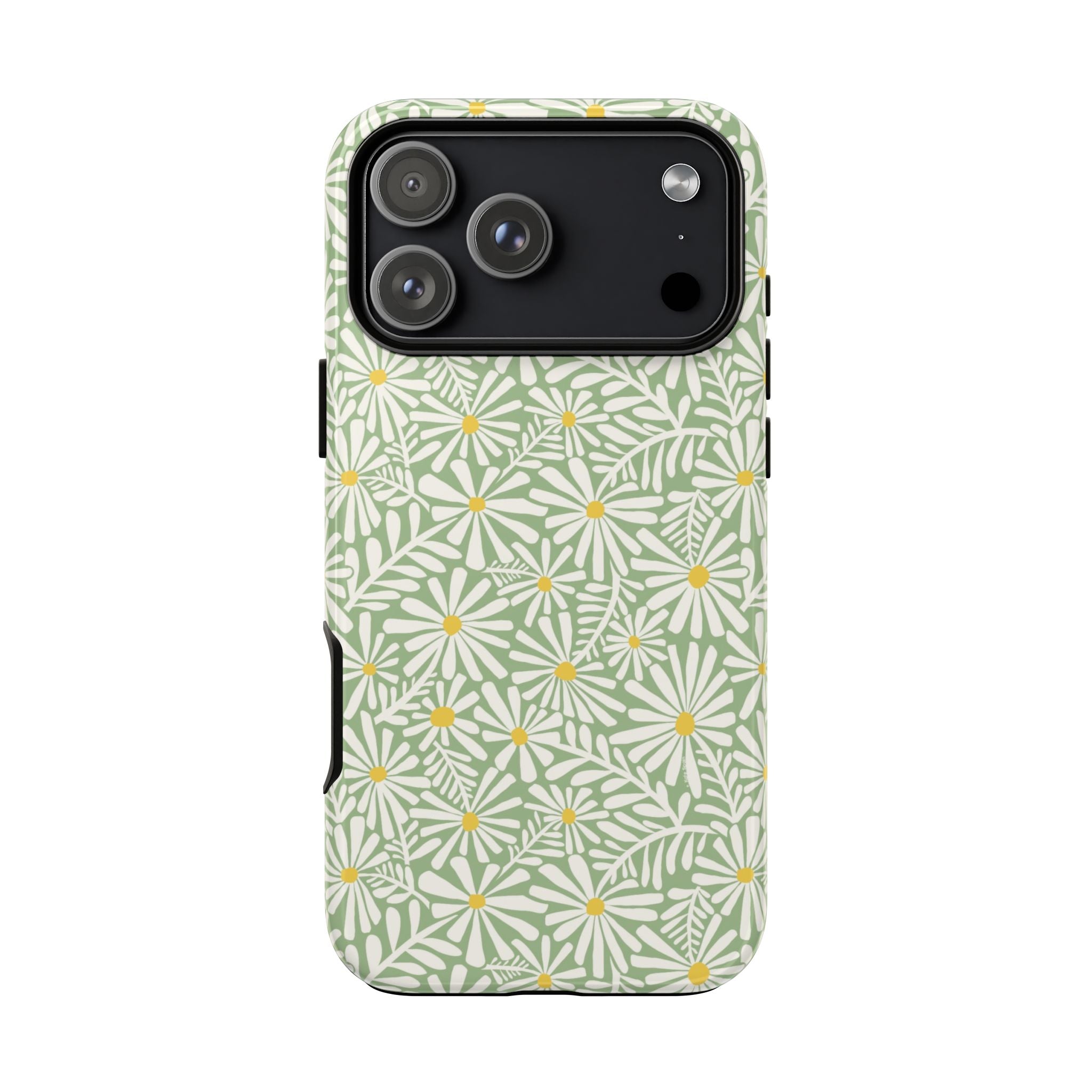 Montauk Daisy Meadow Green iPhone 17 Pro Case – Glossy | sage green, white graphic daisy and fern print, golden yellow centers | dual-layer protection