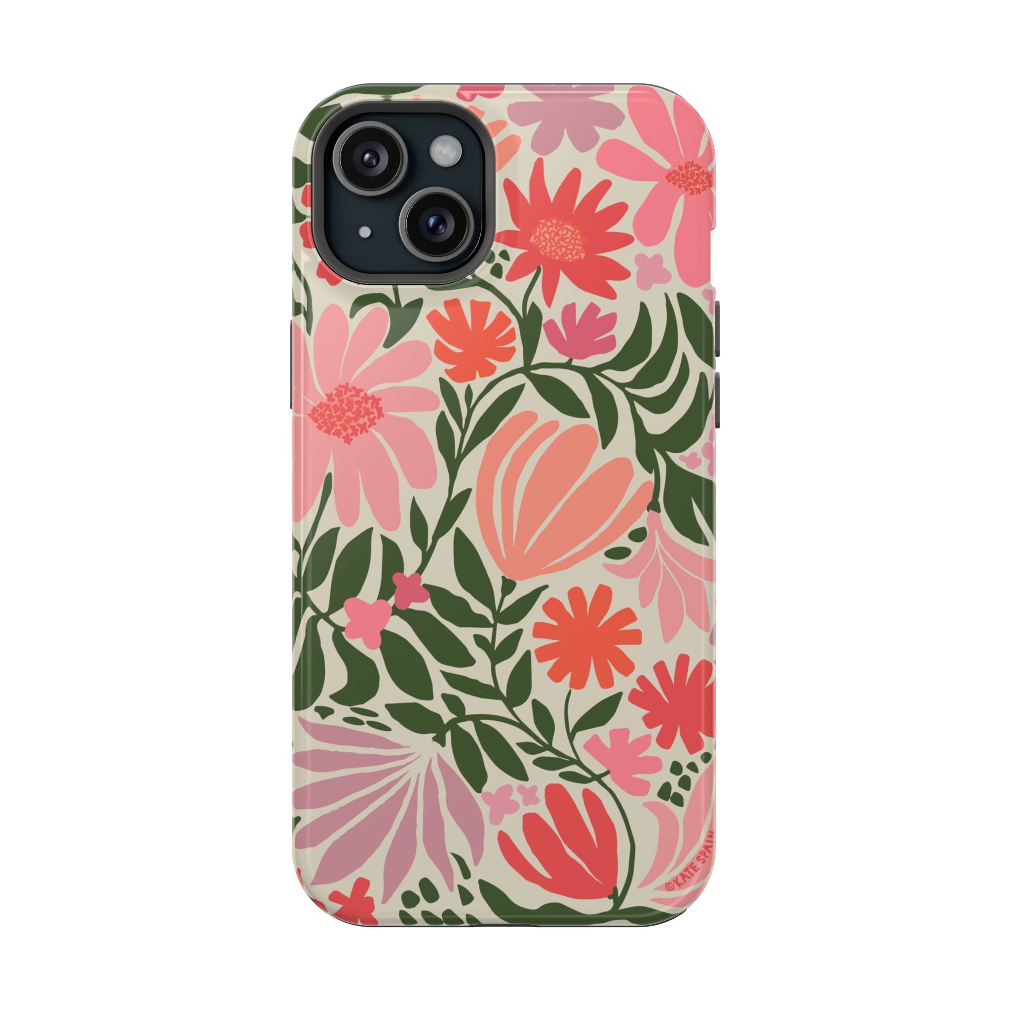 Botanica MagSafe iPhone 15 Plus Case – Glossy | coral, pink, sage green botanical wildflower print