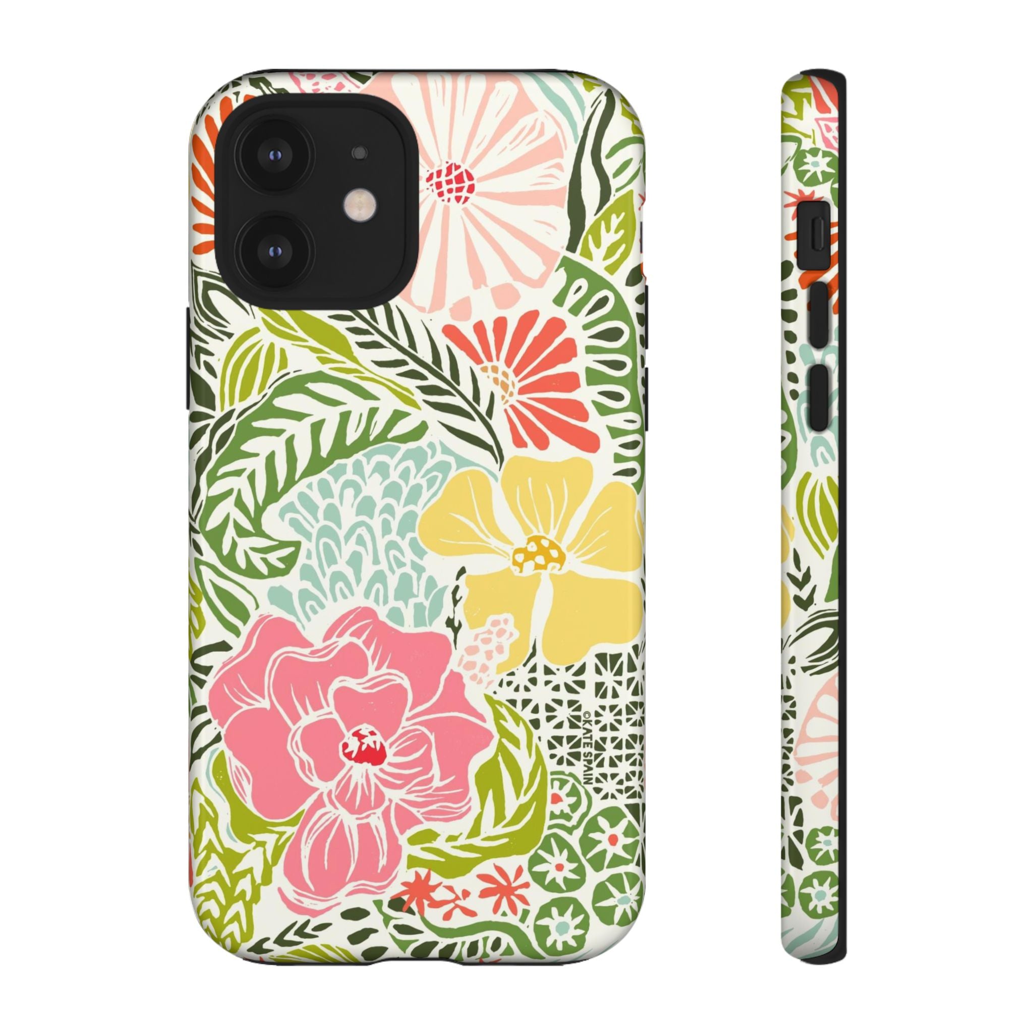 Tropica Tough iPhone 12 Case – Glossy | cream, pink, yellow, blue botanical floral print