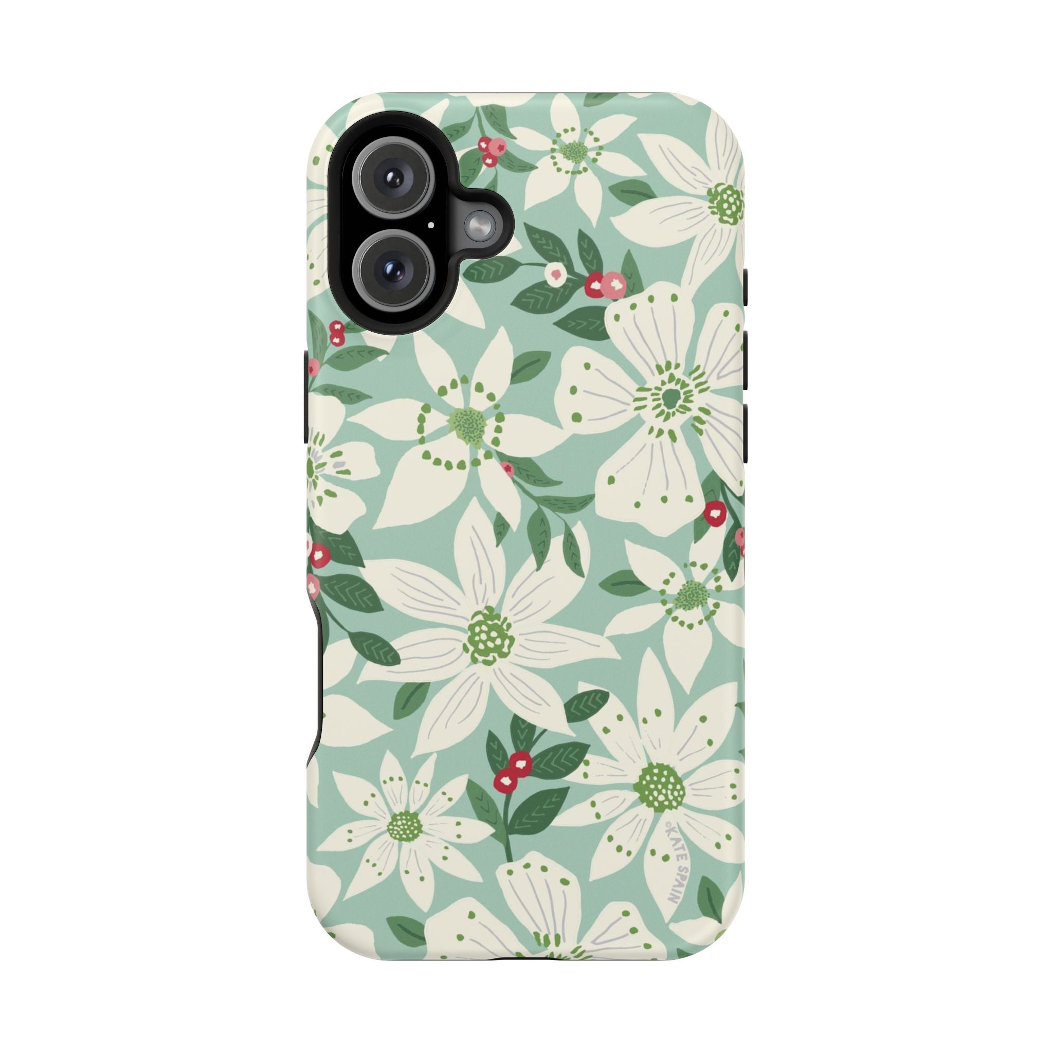 Gardenia MagSafe iPhone 16 Plus Case – Matte | light blue, white, green, red gardenia botanical print MagSafe compatible, dual-layer protection