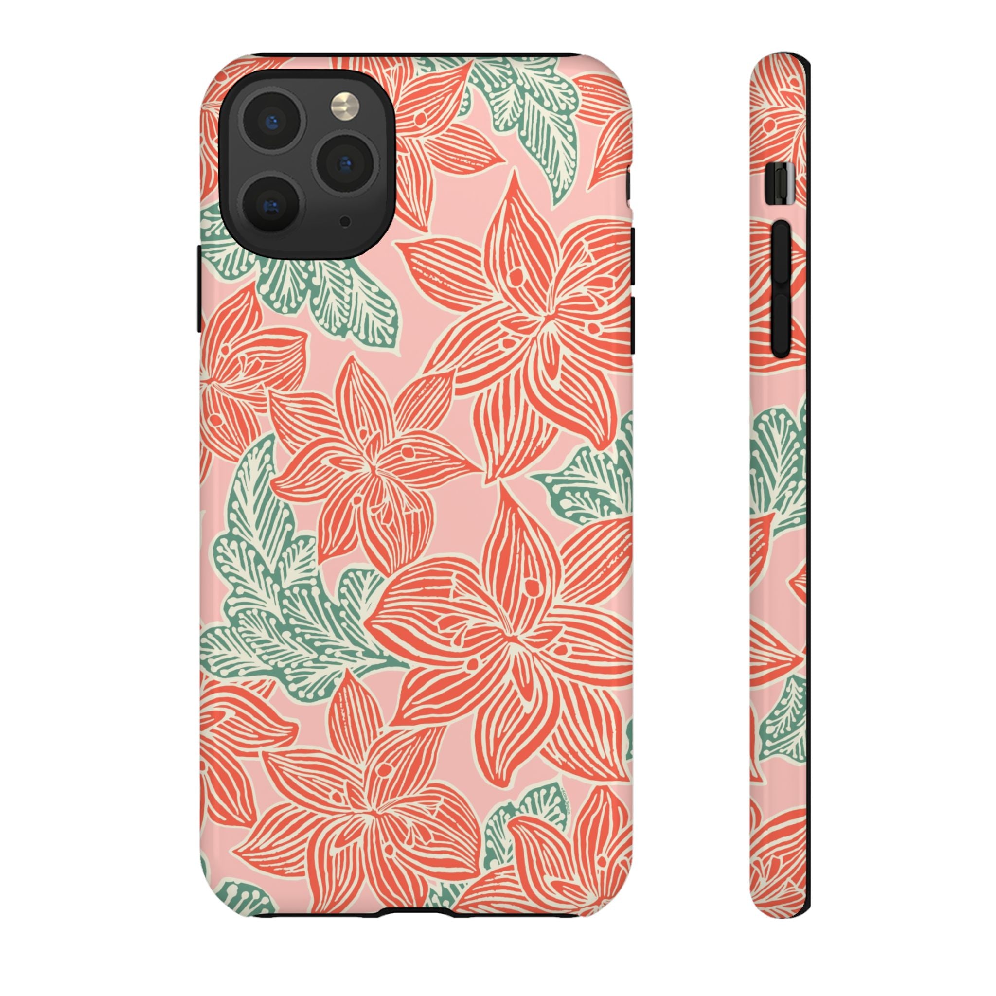 Hibiscus Coral iPhone 11 Pro Max Glossy Case — blush pink hard case with large-scale coral red hibiscus flowers and teal-green leaves in a bold botanical linework print, densely layered across the surface