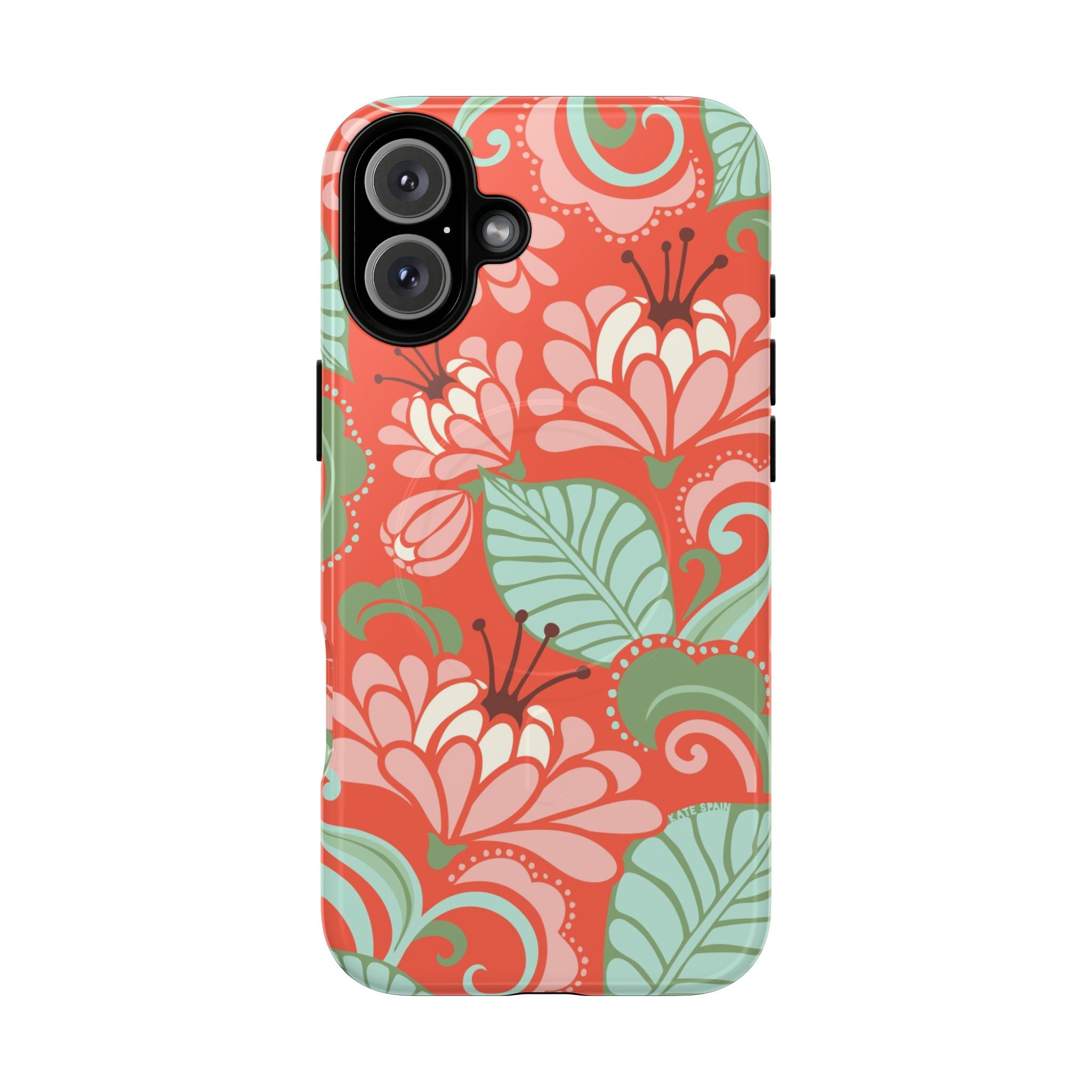 Sarabande MagSafe iPhone 16 Plus Case – Glossy | coral, pink, cream, green botanical floral print