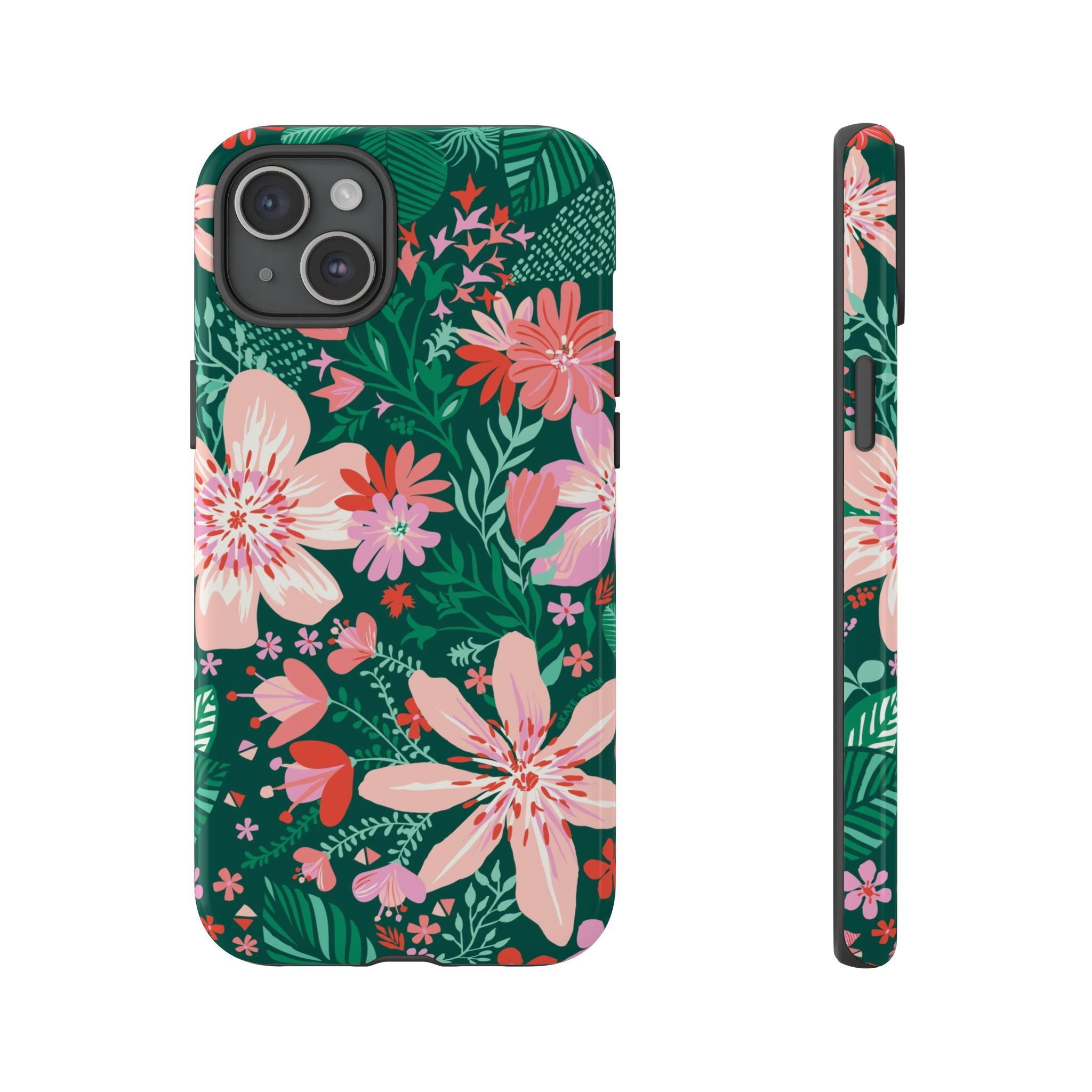 Bonaire Tough iPhone 15 Plus Case – Glossy | jade, pink, white tropical floral botanical print