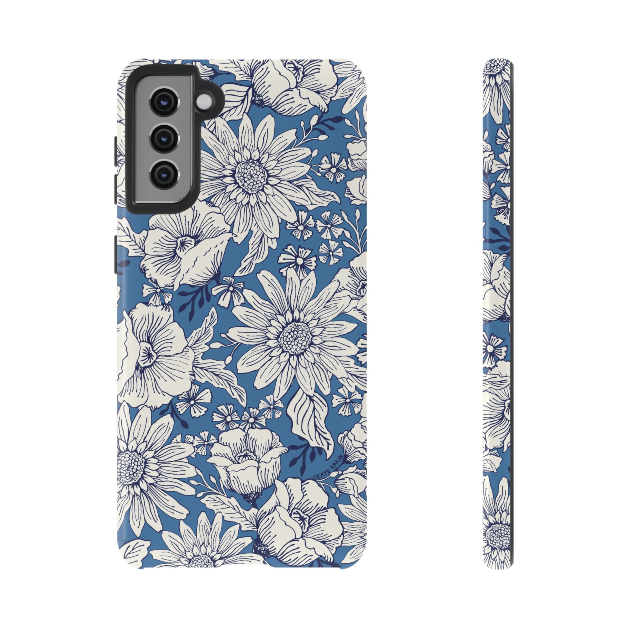 Luxury Jardin Samsung Galaxy S21 Plus Case – Glossy | steel blue, white botanical daisy floral print