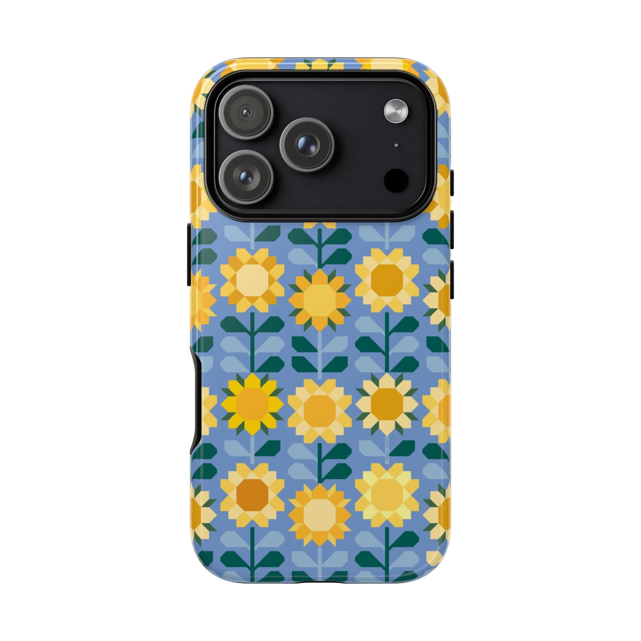 Sunflowers Tough iPhone 17 Pro Case – Glossy | blue, yellow, gold geometric sunflower print