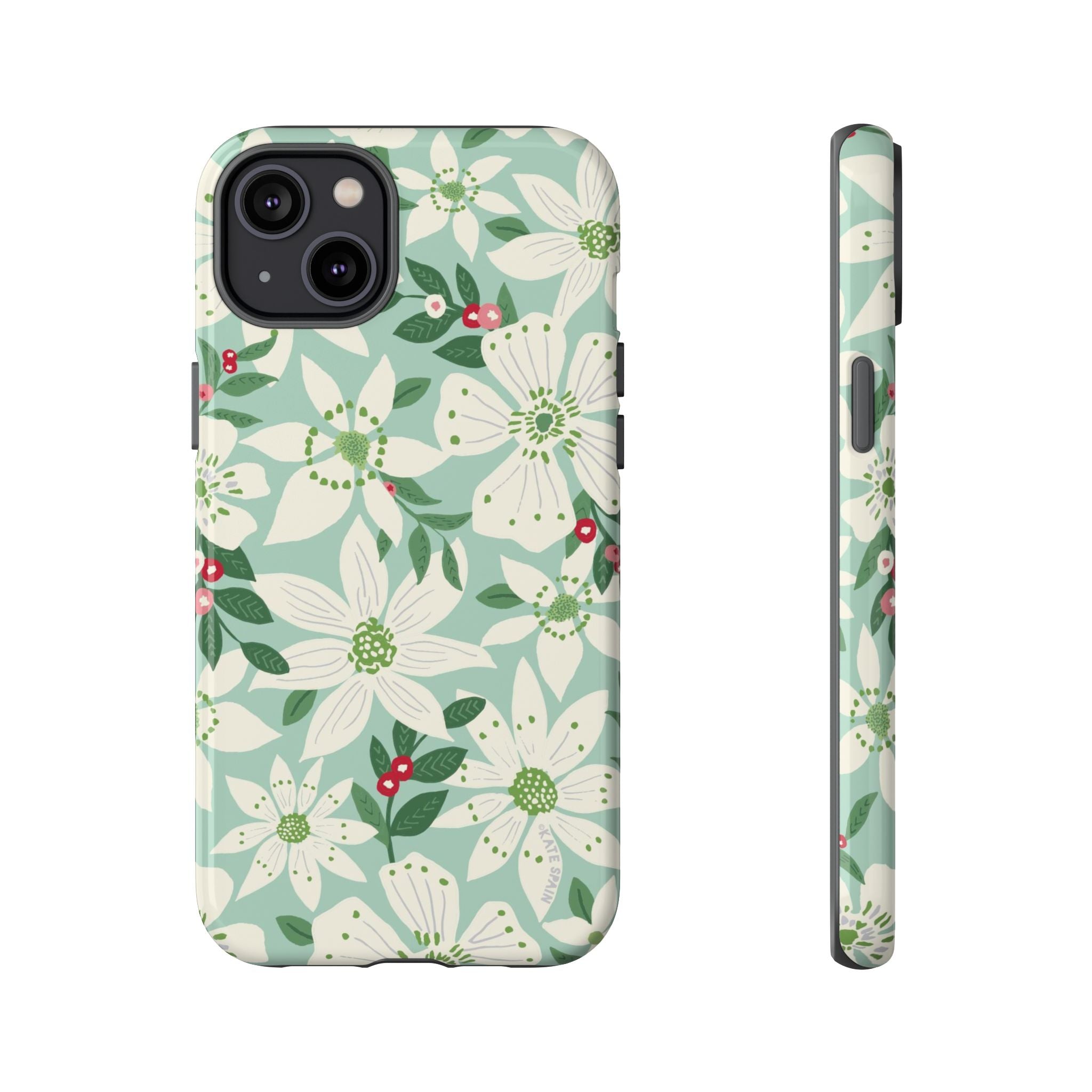 Gardenia Tough iPhone 14 Plus Case – Glossy | light blue, white, green, red gardenia botanical print