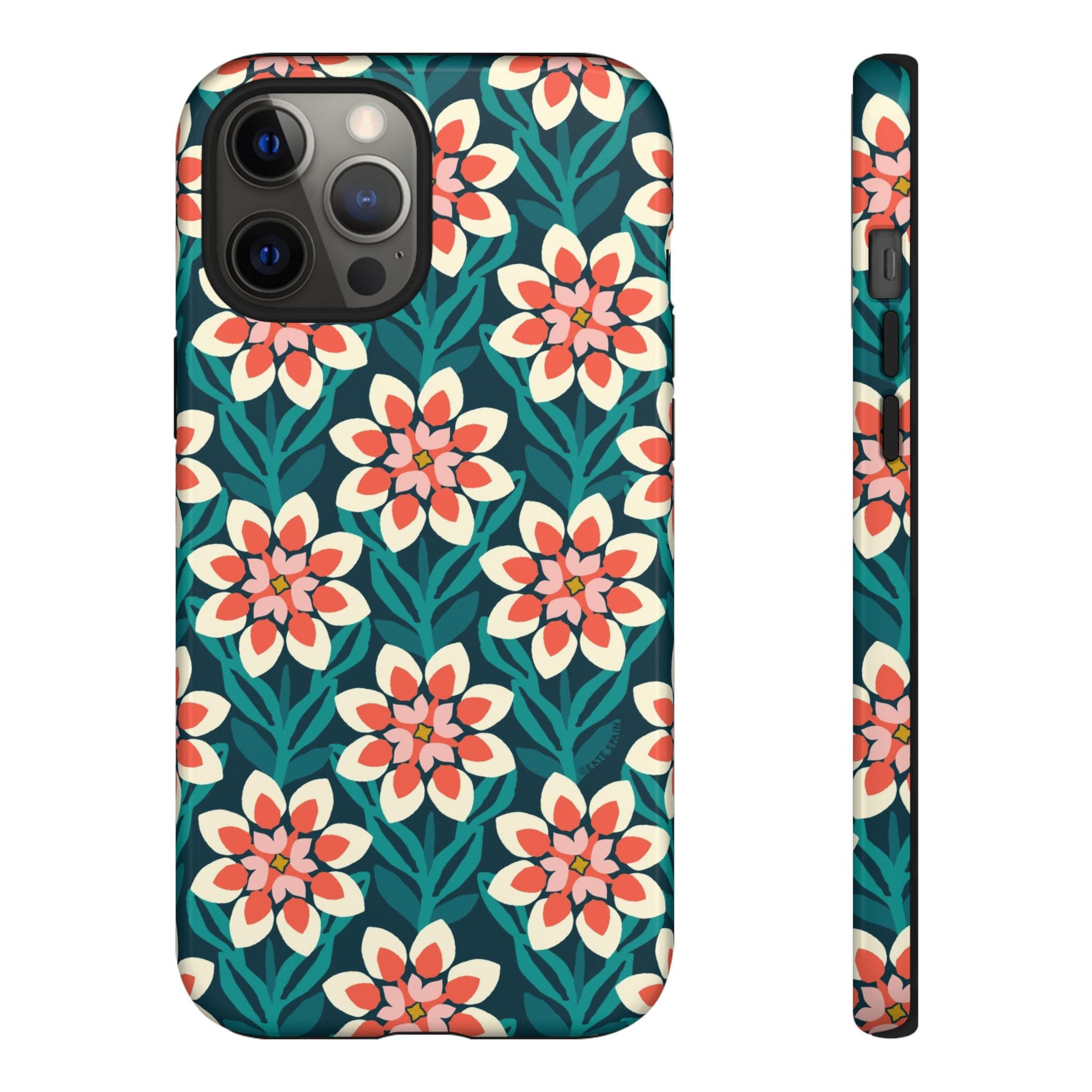 Modern Dahlia Tough iPhone 12 Pro Max Case – Glossy | teal, coral, cream geometric dahlia floral print