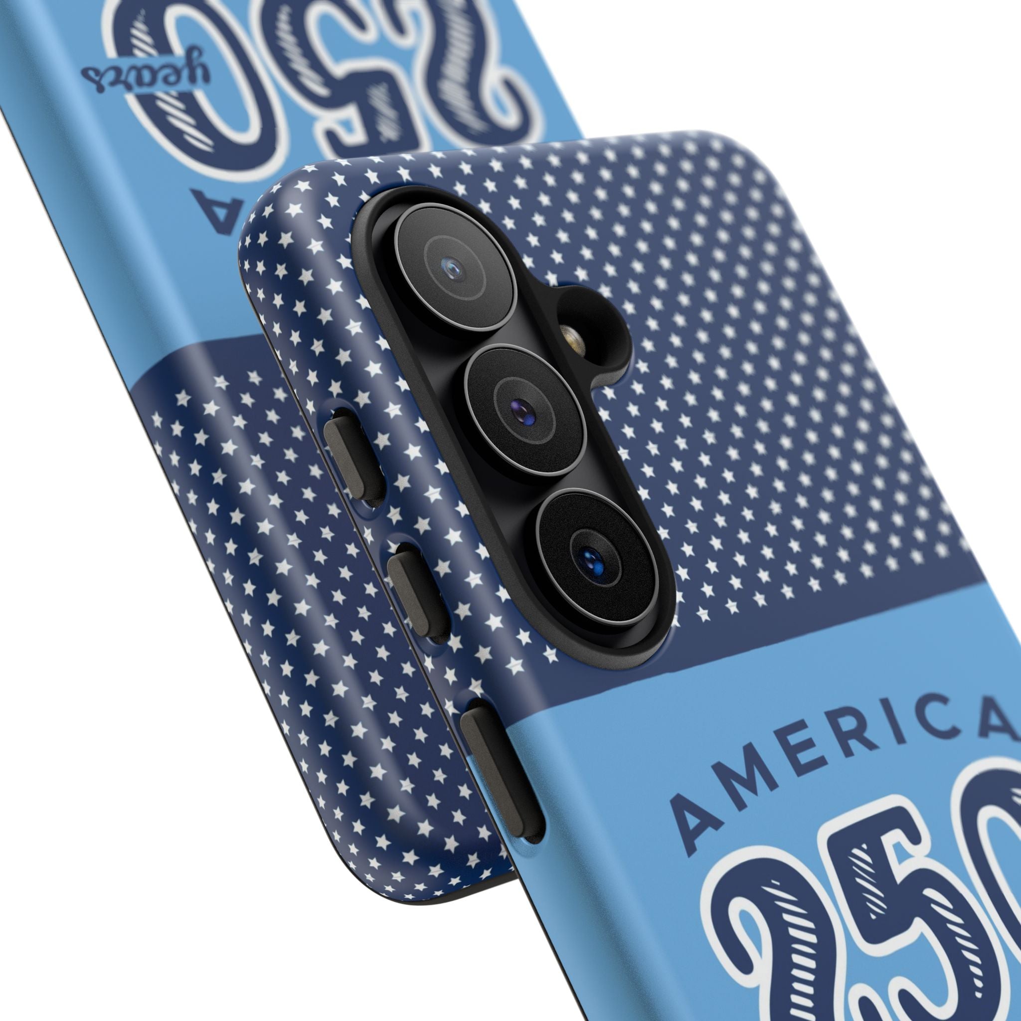 Sea to Shining Sea Samsung Galaxy S26 Case Matte – angled view close-up of buttons and camera cutout in case in navy, sky blue, red patriotic America 250 commemorative print