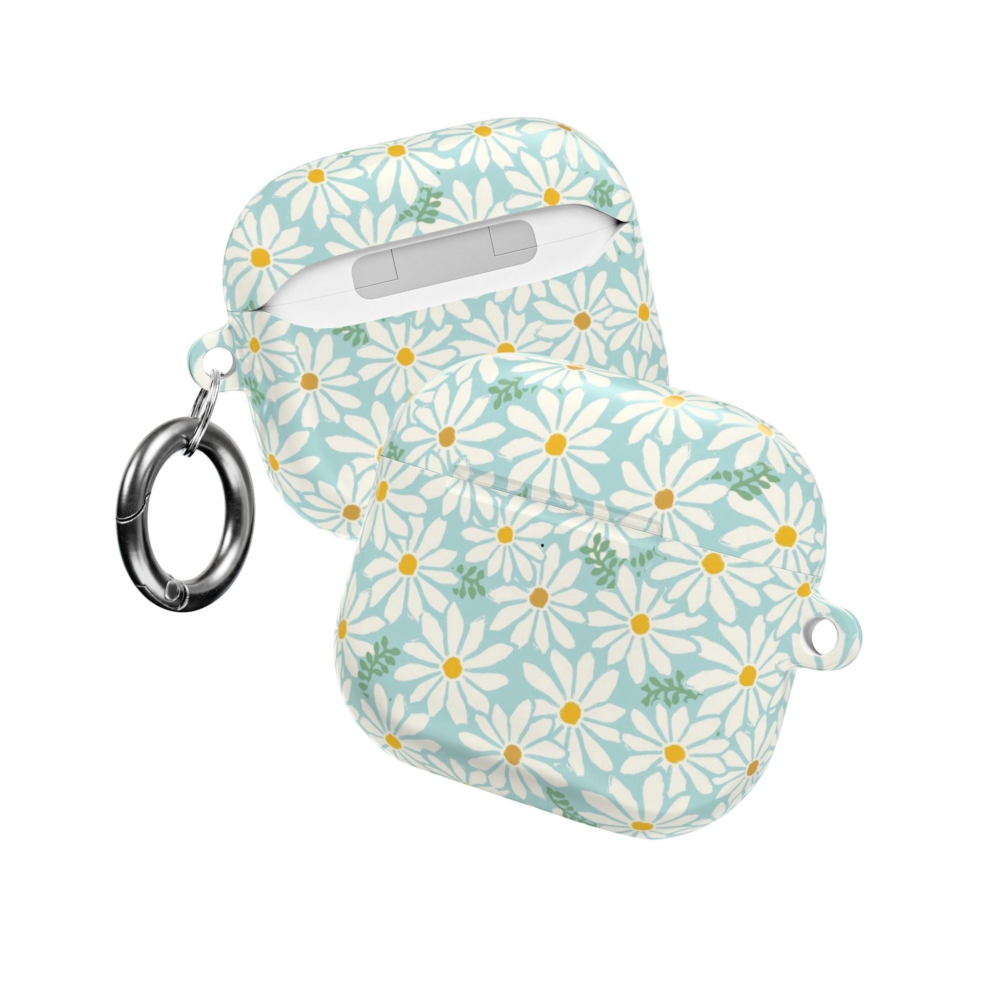 floriori Daisies AirPods case featuring summer white daisies with yellow centers on an aqua background with green leaves printed on glossy polycarbonate shell. Front and back view.