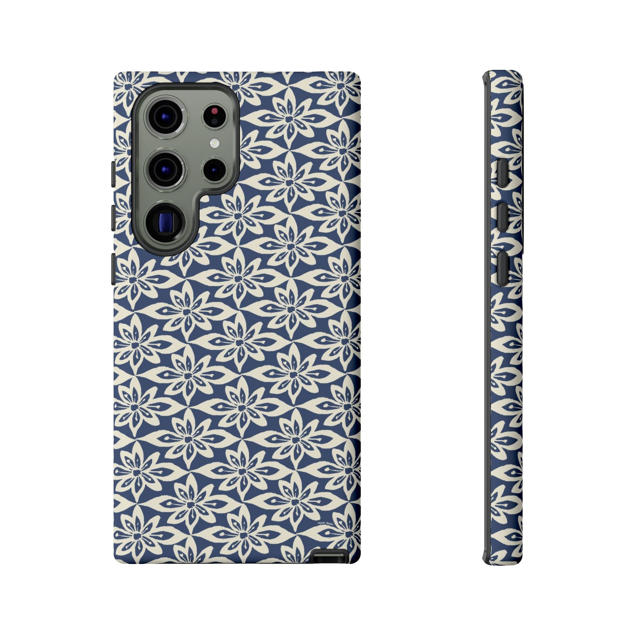 Lily Navy Blue Samsung Galaxy S23 Ultra Matte case — graphic white lily print on deep navy — botanical phone case by Kate Spain