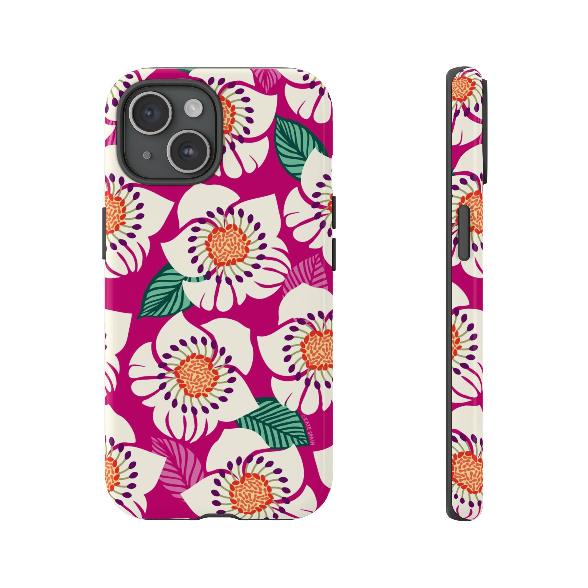 Panache Rose Tough iPhone 15 Case – Glossy | berry, cream white, peach anemone floral print