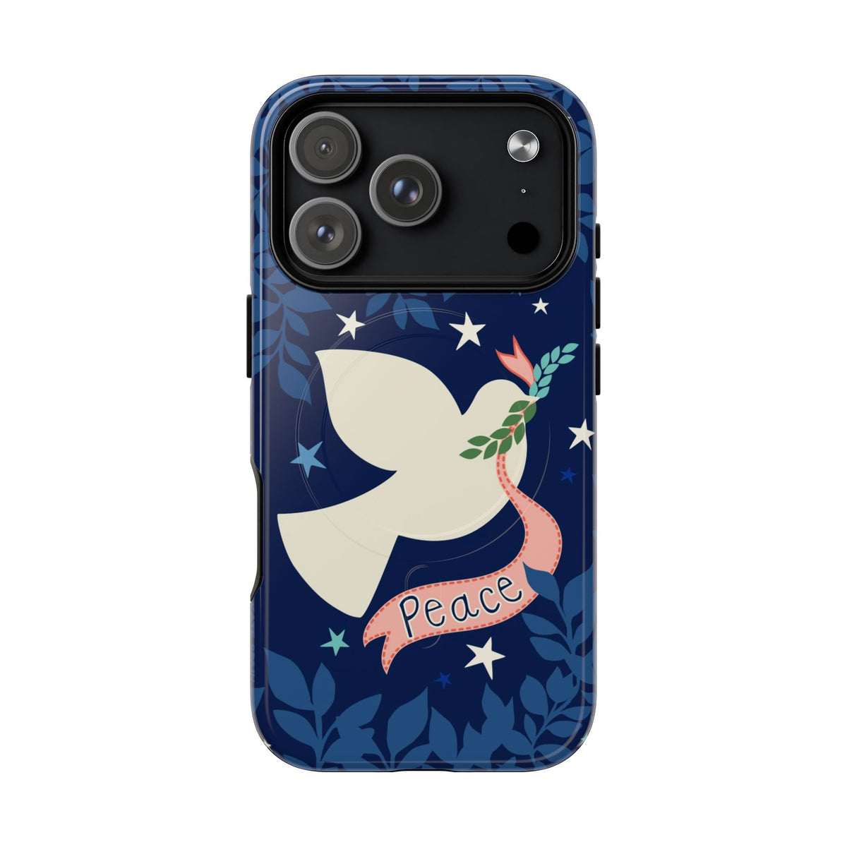 Peace MagSafe iPhone 18 Pro Case – Glossy | navy, cream peace dove, stars, botanical print