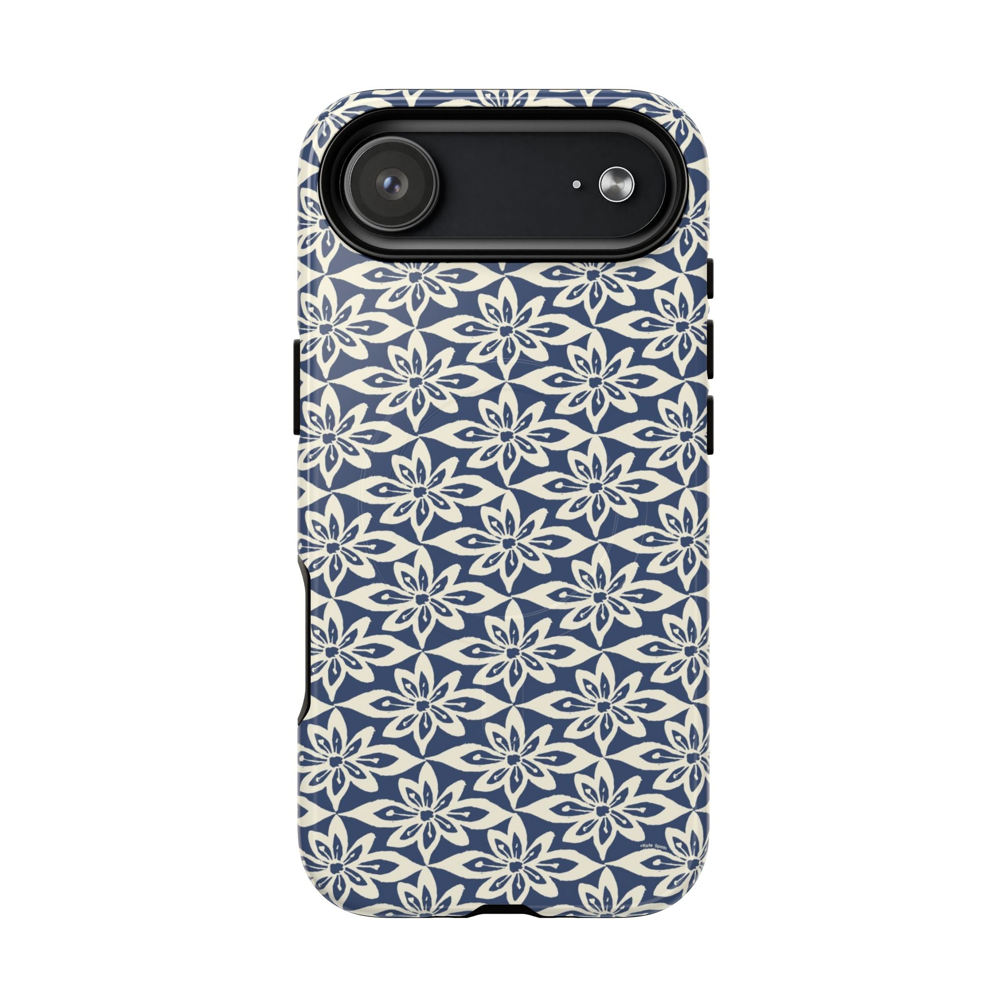 Lily Navy MagSafe iPhone 17 Air Case – Glossy | graphic white lily print on deep navy — botanical MagSafe case by Kate Spain
